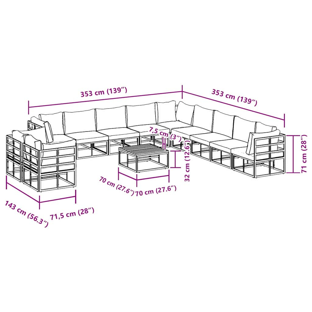 Ein Ecksofa mit Maßangaben in cm und Zoll. In der Mitte steht ein kleiner Tisch. Das Sofa hat Kissen und einen Holzrahmen.