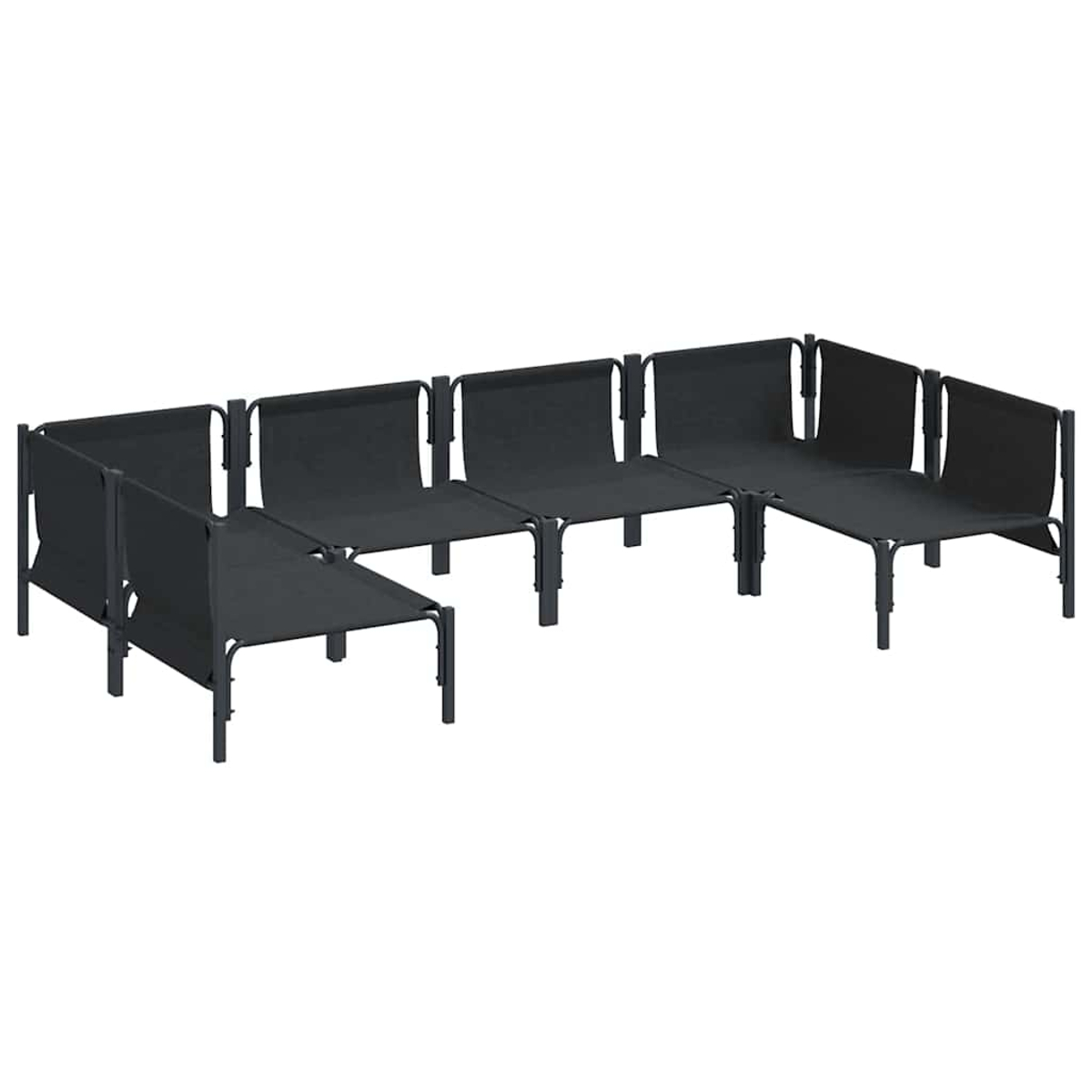 Un divano componibile nero da esterno su sfondo bianco. Il divano è composto da più sezioni, disposte a L e in linea retta.