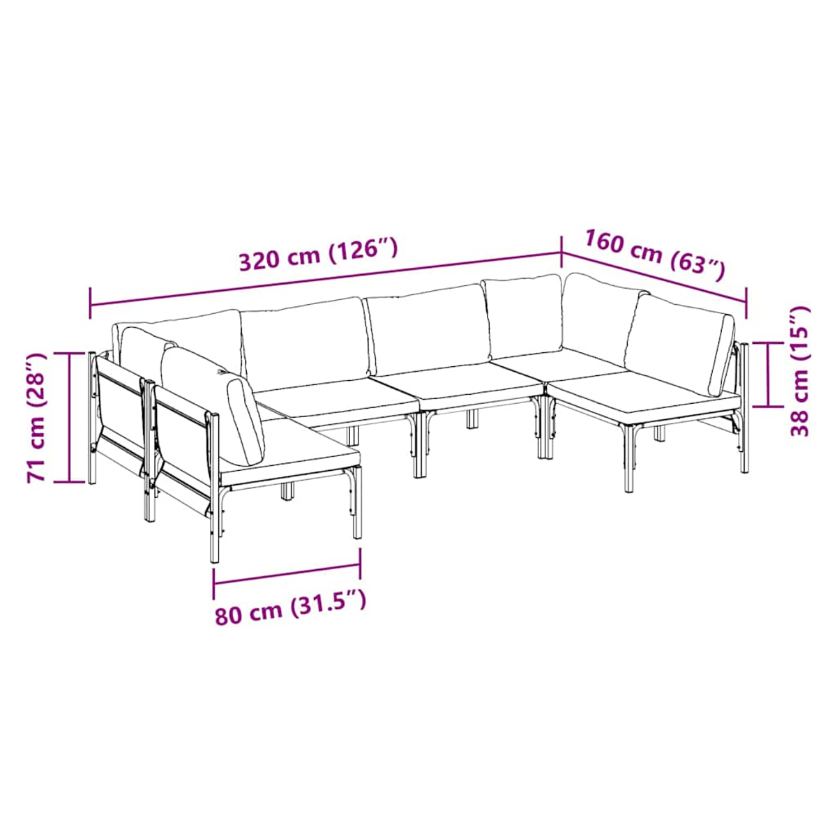 Divano angolare da esterno con dimensioni etichettate. Lunghezza 320 cm, altezza 71 cm, profondità 160 cm. Misure visualizzate.