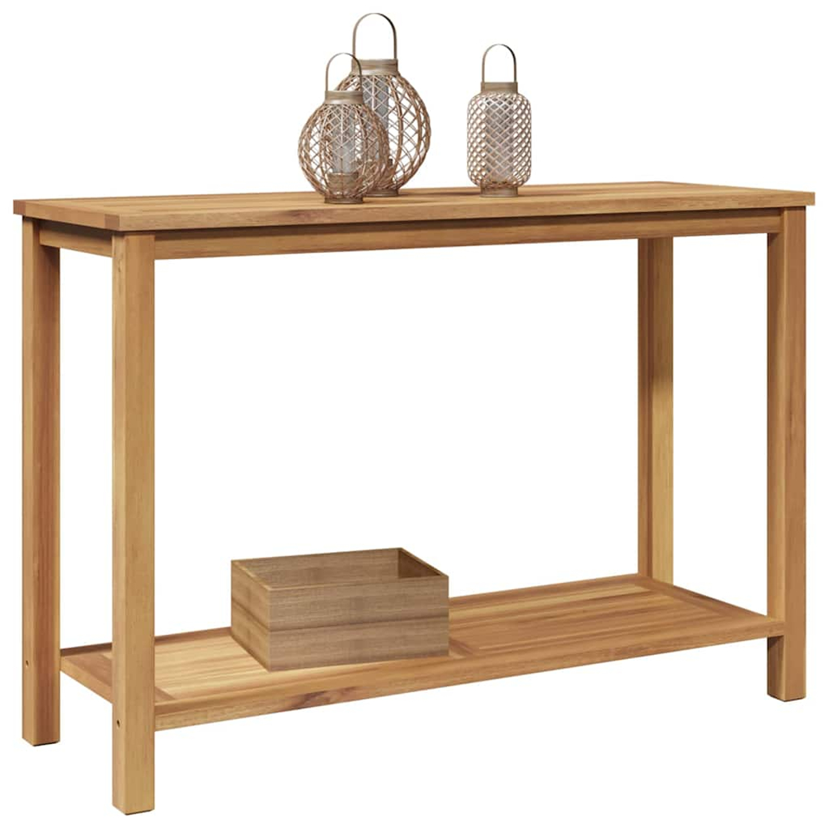 Consola de madera con tres faroles decorativos encima y una caja de madera en el estante inferior, todo sobre fondo blanco.