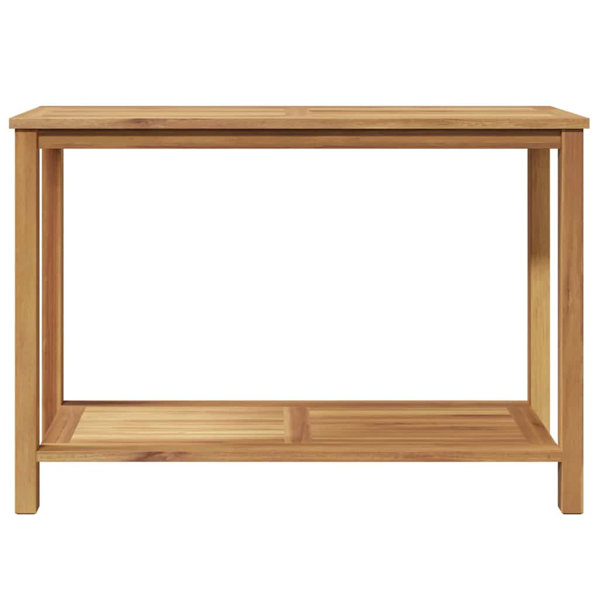 Una consola de madera marrón claro con una parte superior rectangular y un estante inferior. Tiene un diseño sencillo y abierto.