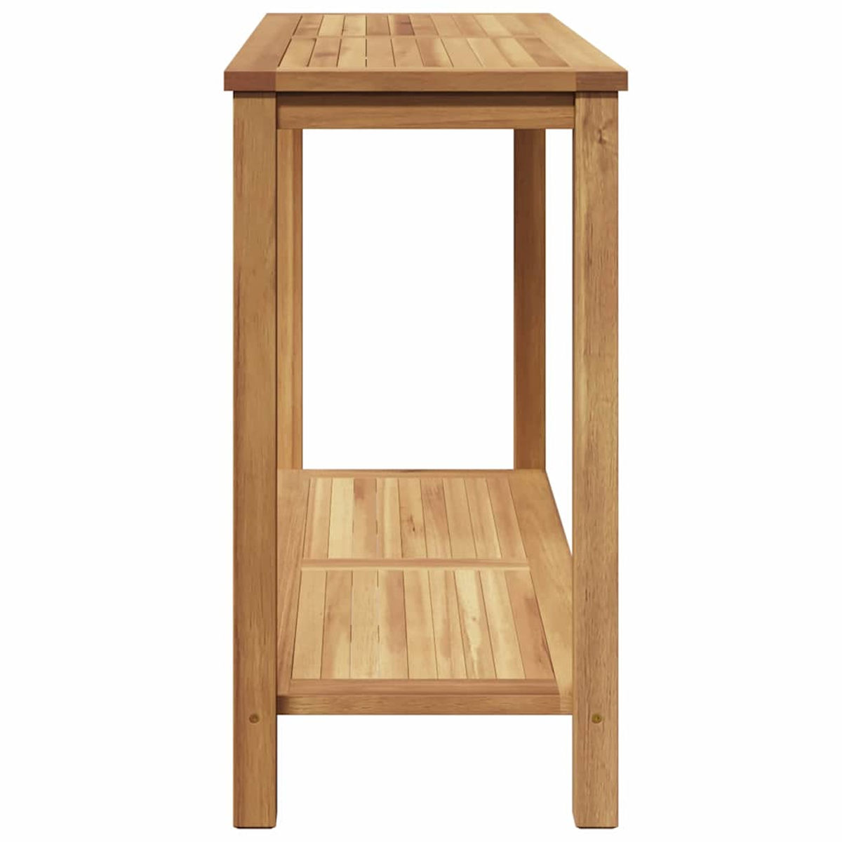 Una mesa de madera con una tapa y un estante. La mesa tiene cuatro patas. Es de madera marrón claro y está sobre un fondo blanco.