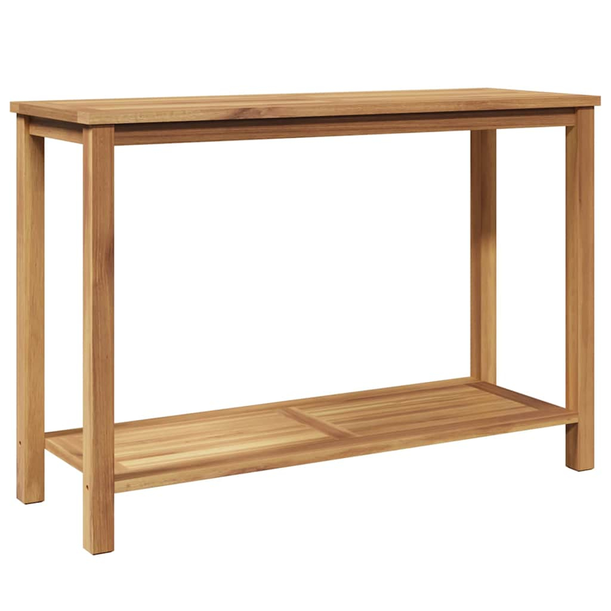 Una consola de madera con una superficie superior y un estante inferior. La mesa tiene cuatro patas y es de madera marrón claro.