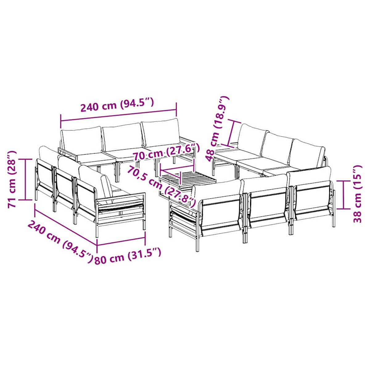 Ein Outdoor-Möbelset wird angezeigt. Es umfasst Sofas, Sessel und einen Couchtisch. Abmessungen sind in Zentimetern und Zoll angegeben.