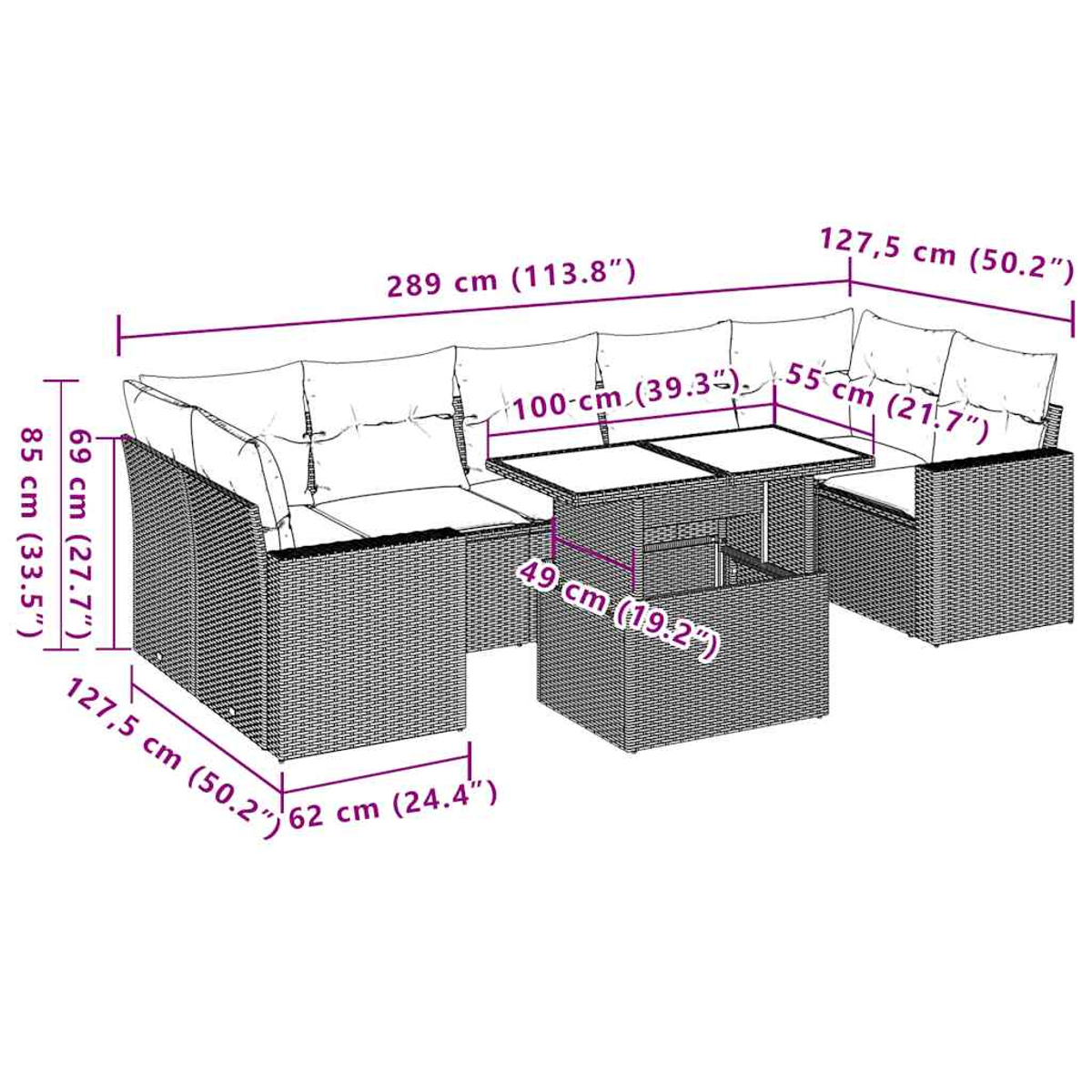 Ein Outdoor-Rattansofa-Set mit in Zentimetern angegebenen Abmessungen. Ein Tisch und ein quadratischer Hocker sind ebenfalls enthalten.