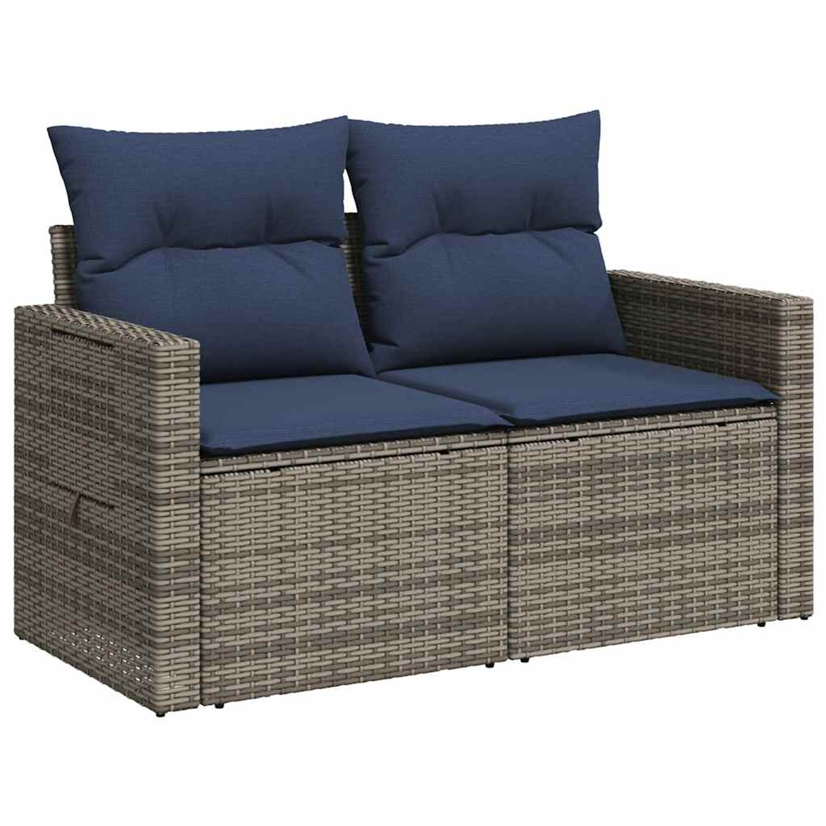 Zweisitziges Outdoor-Sofa mit gewebtem grauem Rahmen und blauen Kissen. Kissen und Sitzkissen sind blau.