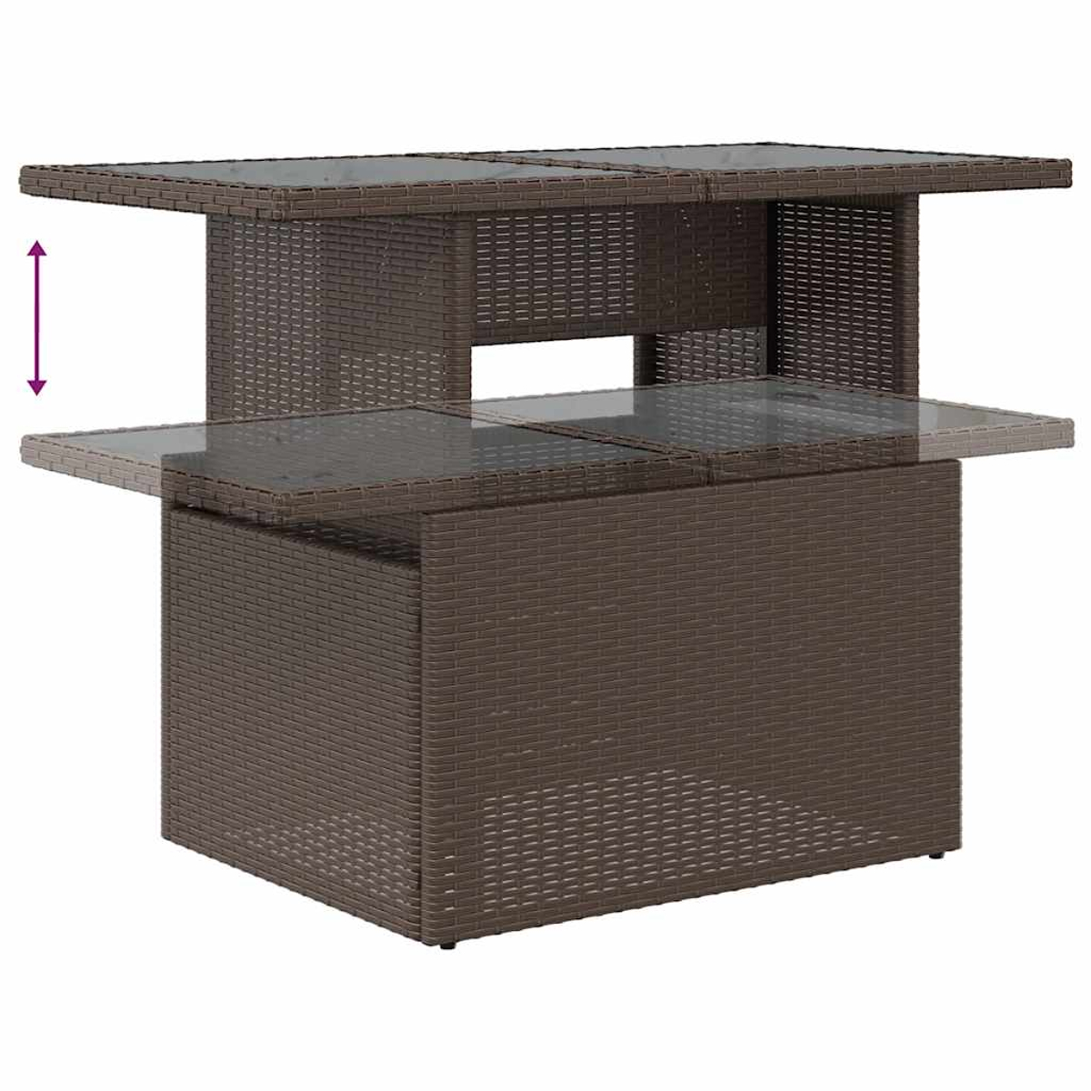 Ein brauner gewebter Gartentisch mit Glasplatte. Ein Teil der Tischplatte ist ausgefahren, ein Pfeil zeigt nach oben.
