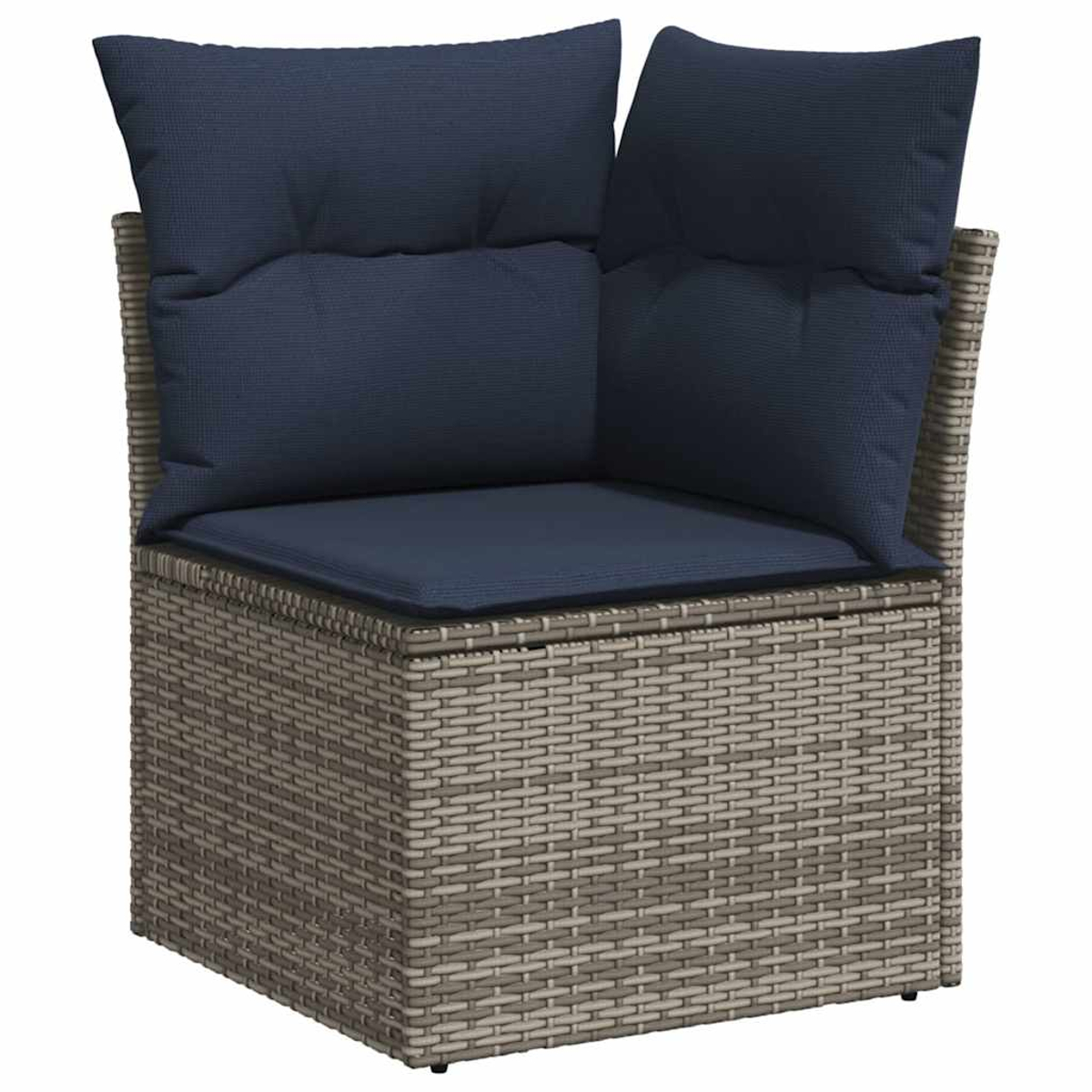 Korbstuhl mit blauen Kissen. Der Stuhl hat ein quadratisches Design mit gewebten grauen Seiten und dunkelblauen Kissen.