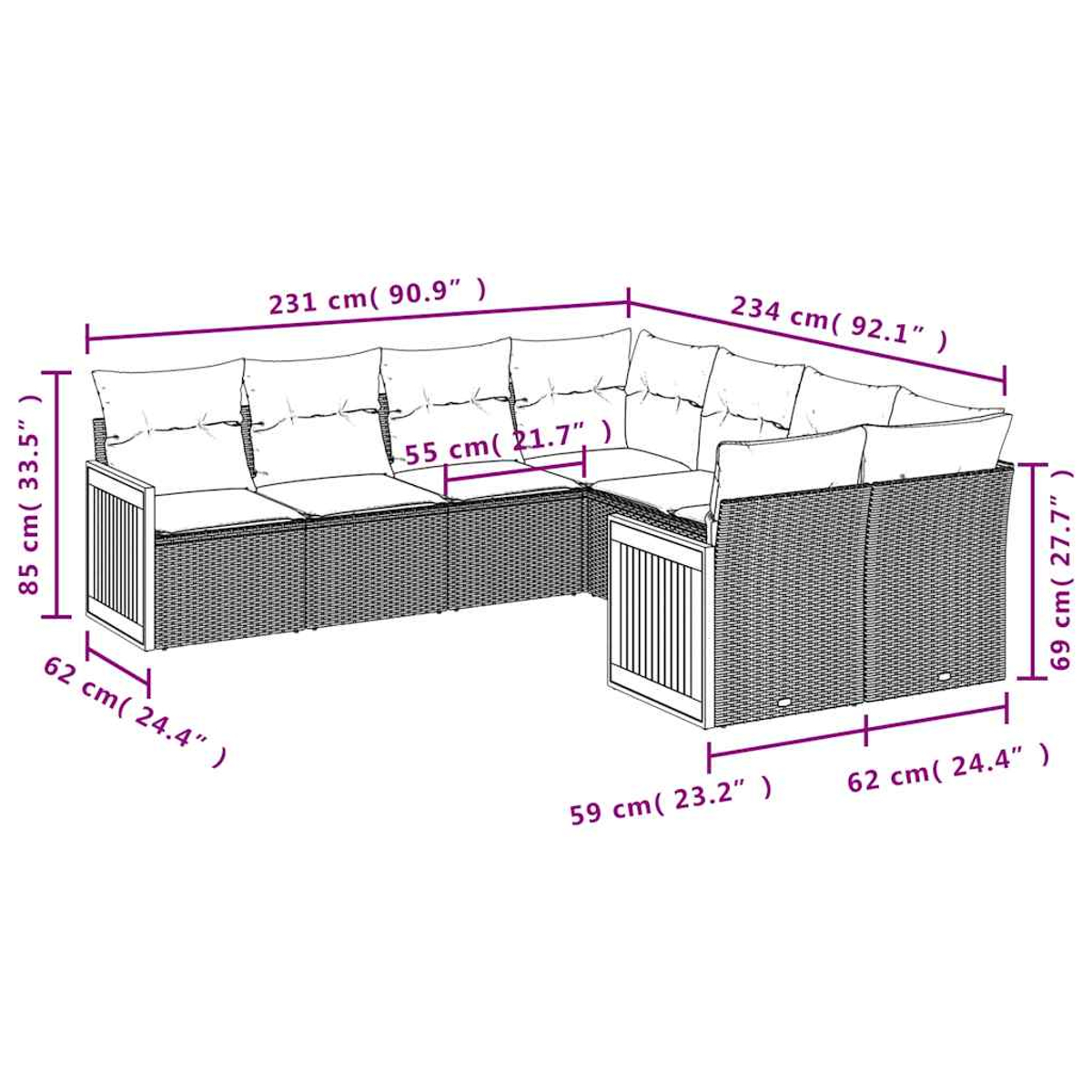 Ein L-förmiges Outdoor-Sofa aus gewebtem braunem Material mit cremefarbenen Kissen und Größenangaben in Zentimetern und Zoll.