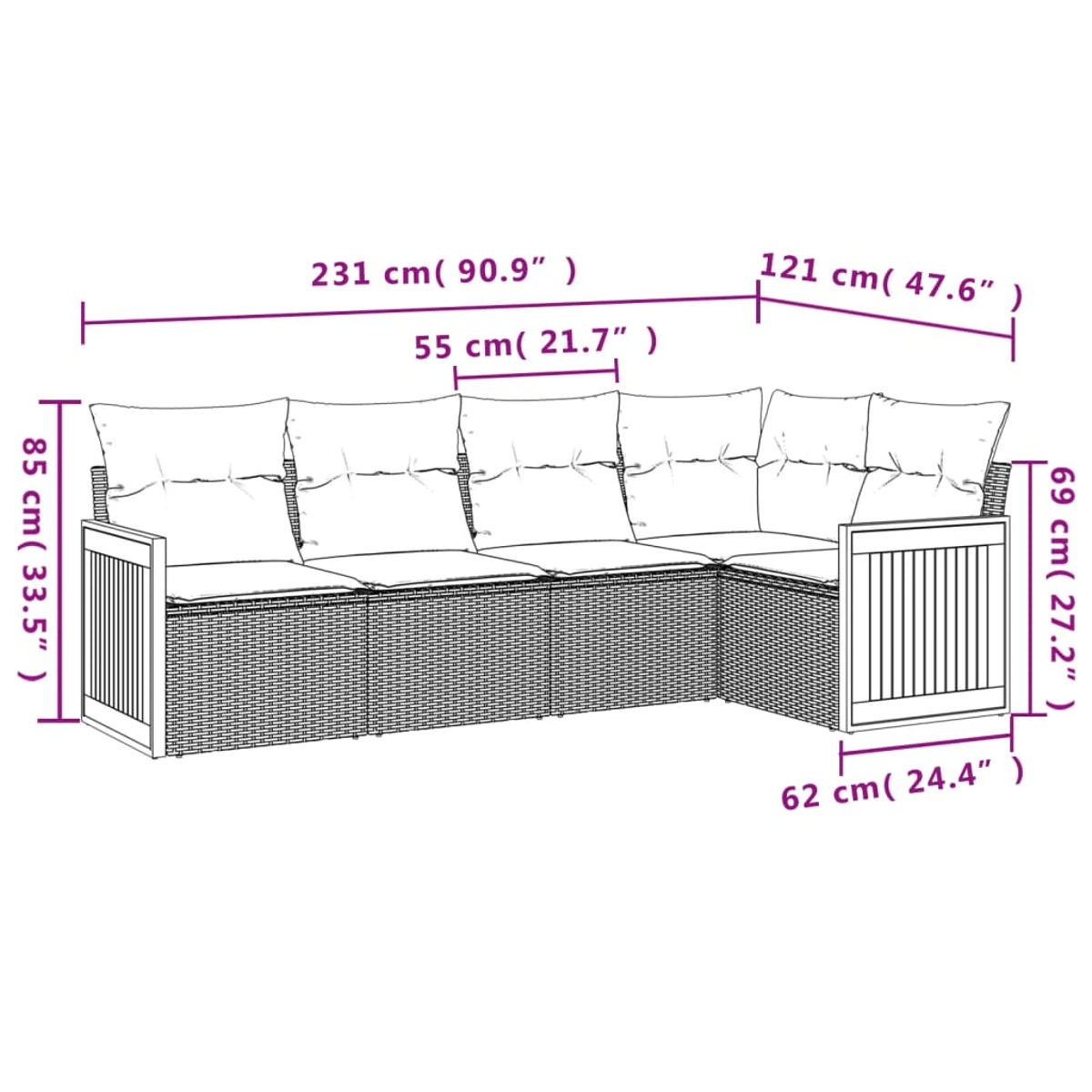 Ein Ecksofa im Rattan-Stil mit in cm und Zoll angegebenen Abmessungen. Es hat Kissen und eine Armlehne auf der rechten Seite.