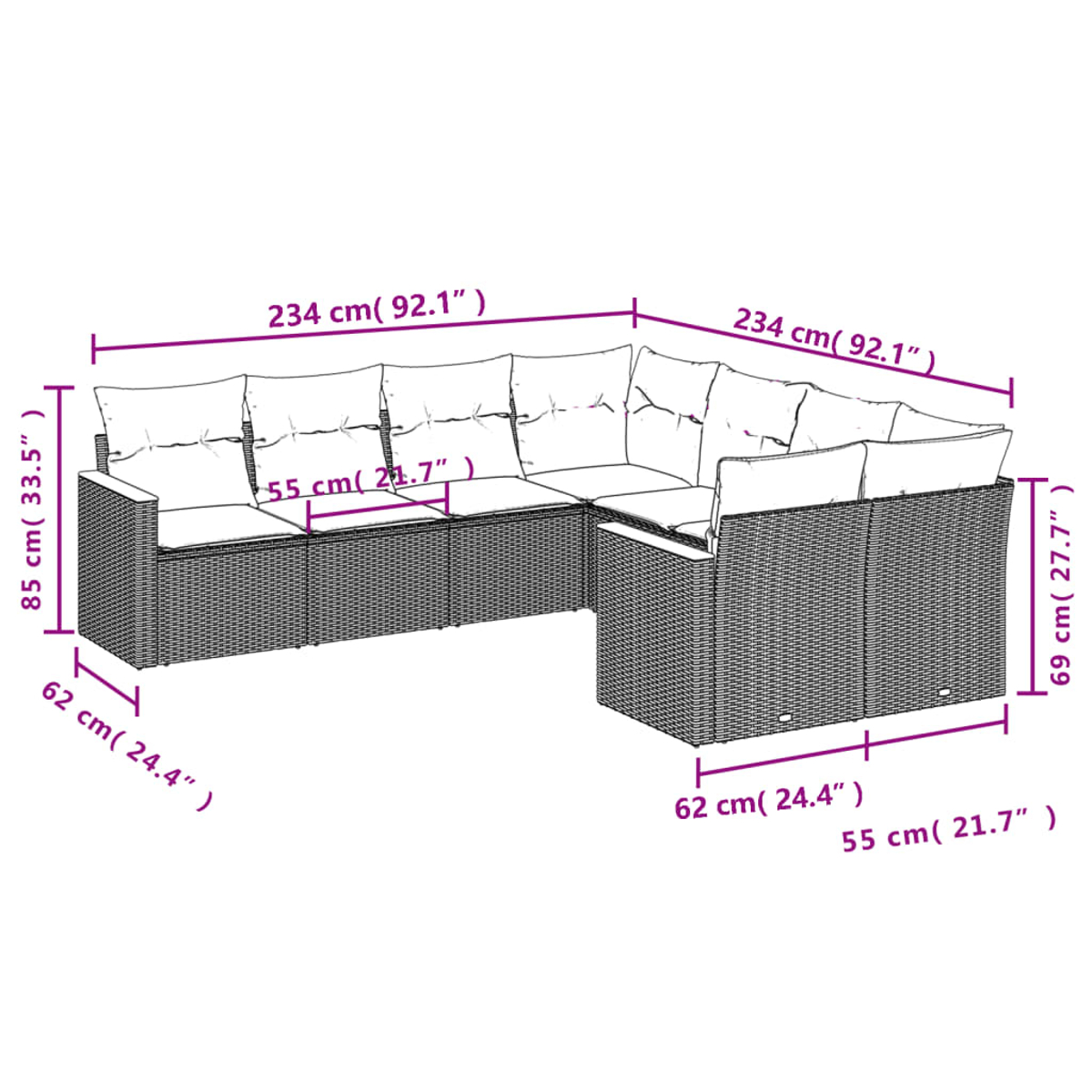 Ein L-förmiges Outdoor-Ecksofa, grauer Korbrahmen, weiße Kissen. Maße sind auf dem Bild angegeben.