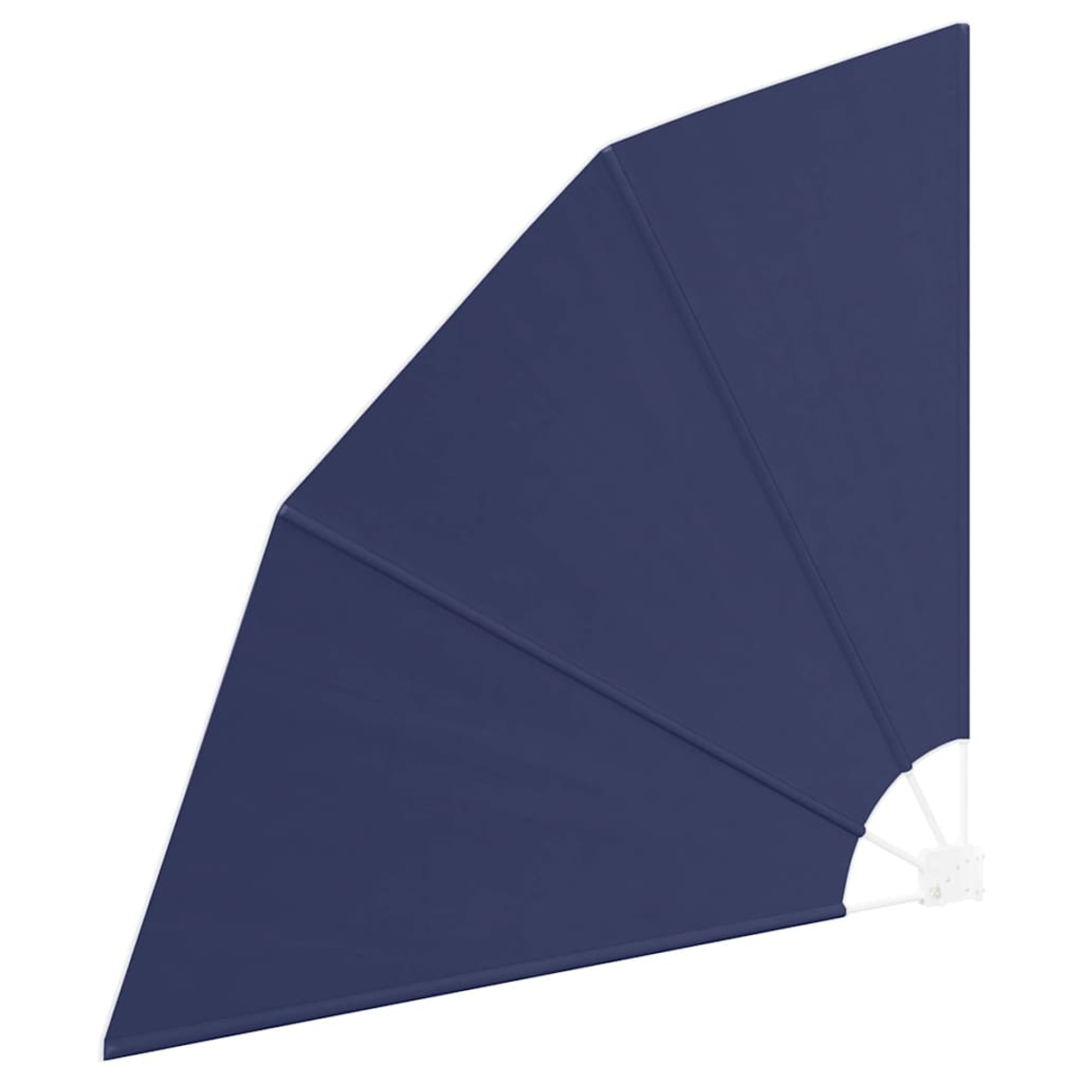 Marineblaue Markise mit weißer Stützstruktur. Die Markise hat eine dreieckige Form mit mehreren Paneelen. Weißer Hintergrund.