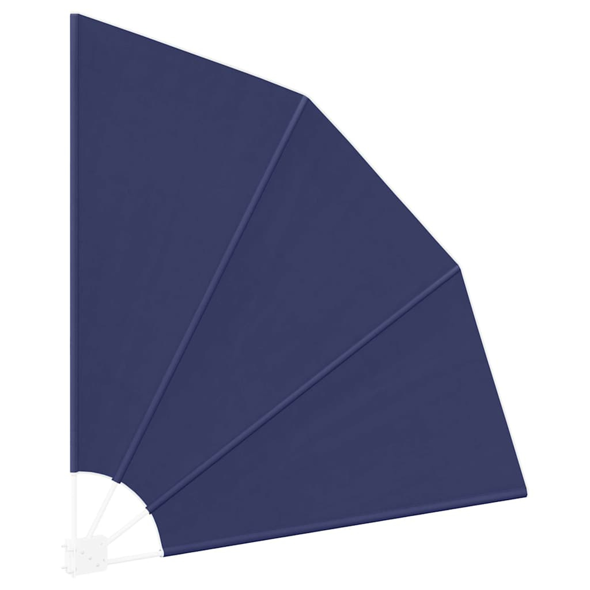 Ein marineblauer Sonnenschirm in Fächerform. Weiße Tragkonstruktion an der Basis. Der Hintergrund ist schlicht weiß.