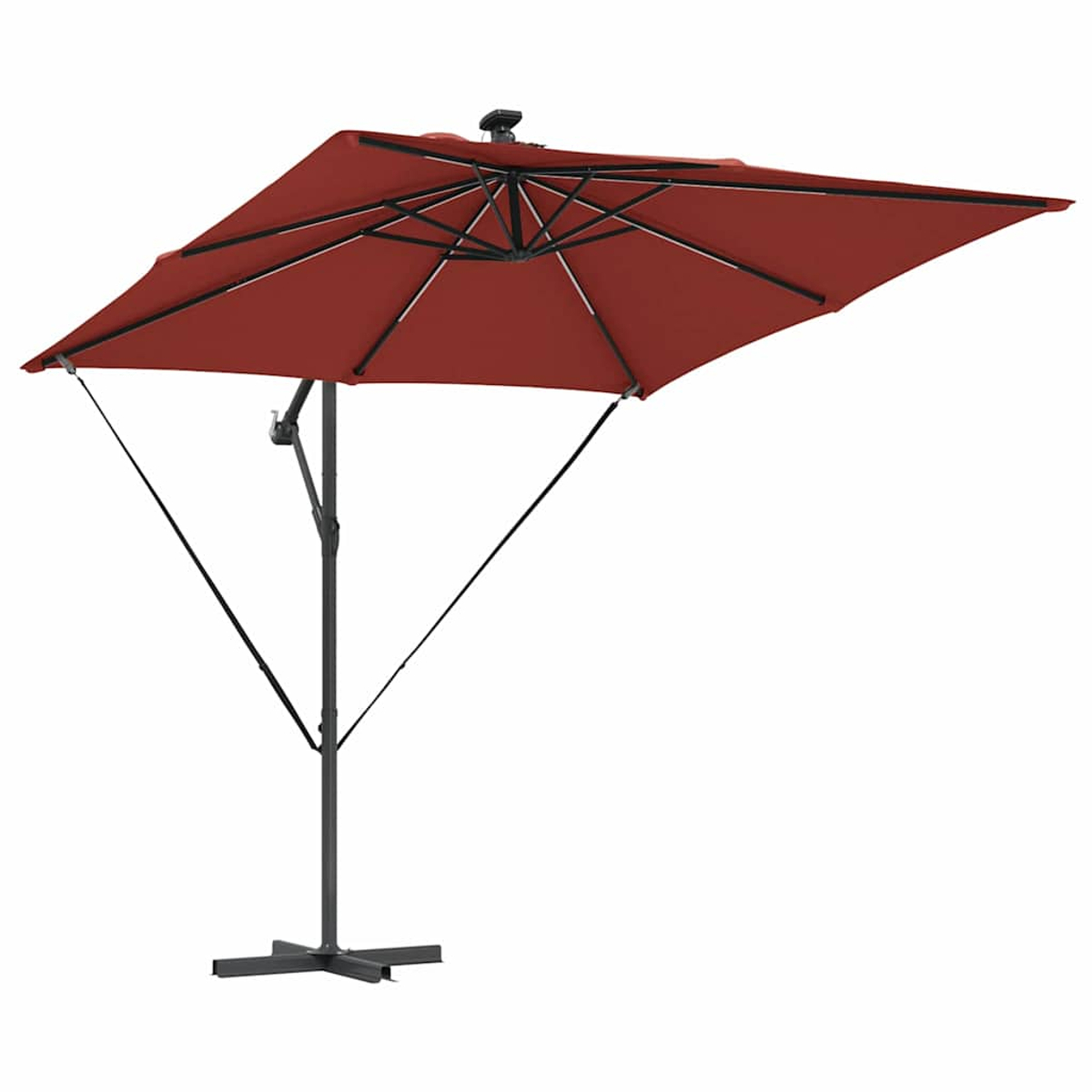 Un ombrellone da patio quadrato, color bordeaux, con struttura e base nere, aperto su sfondo bianco.