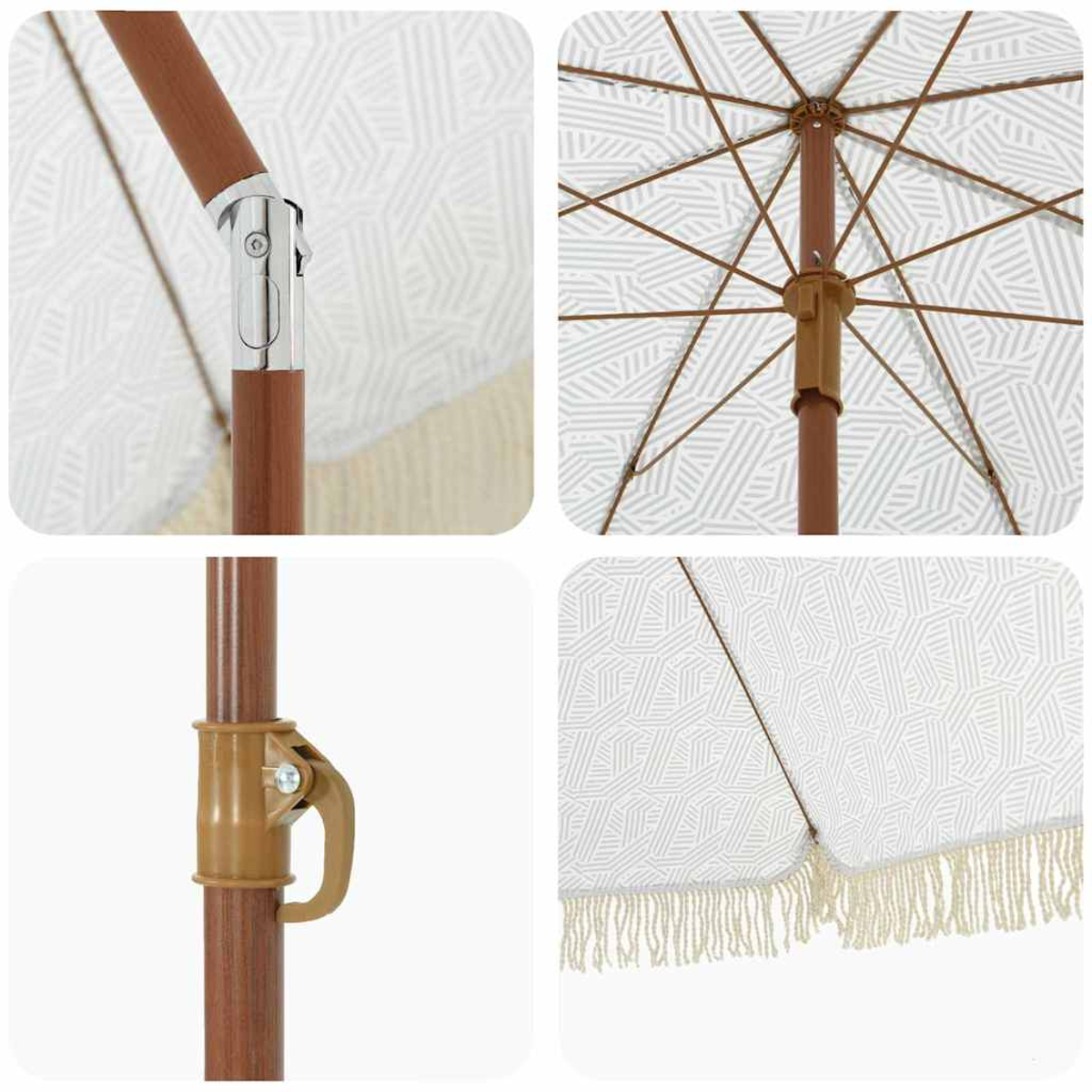 Primo piano di un ombrellone bianco e grigio a fantasia. Palo e struttura in legno marrone, con frange beige. Dettagli del meccanismo di blocco visibili.