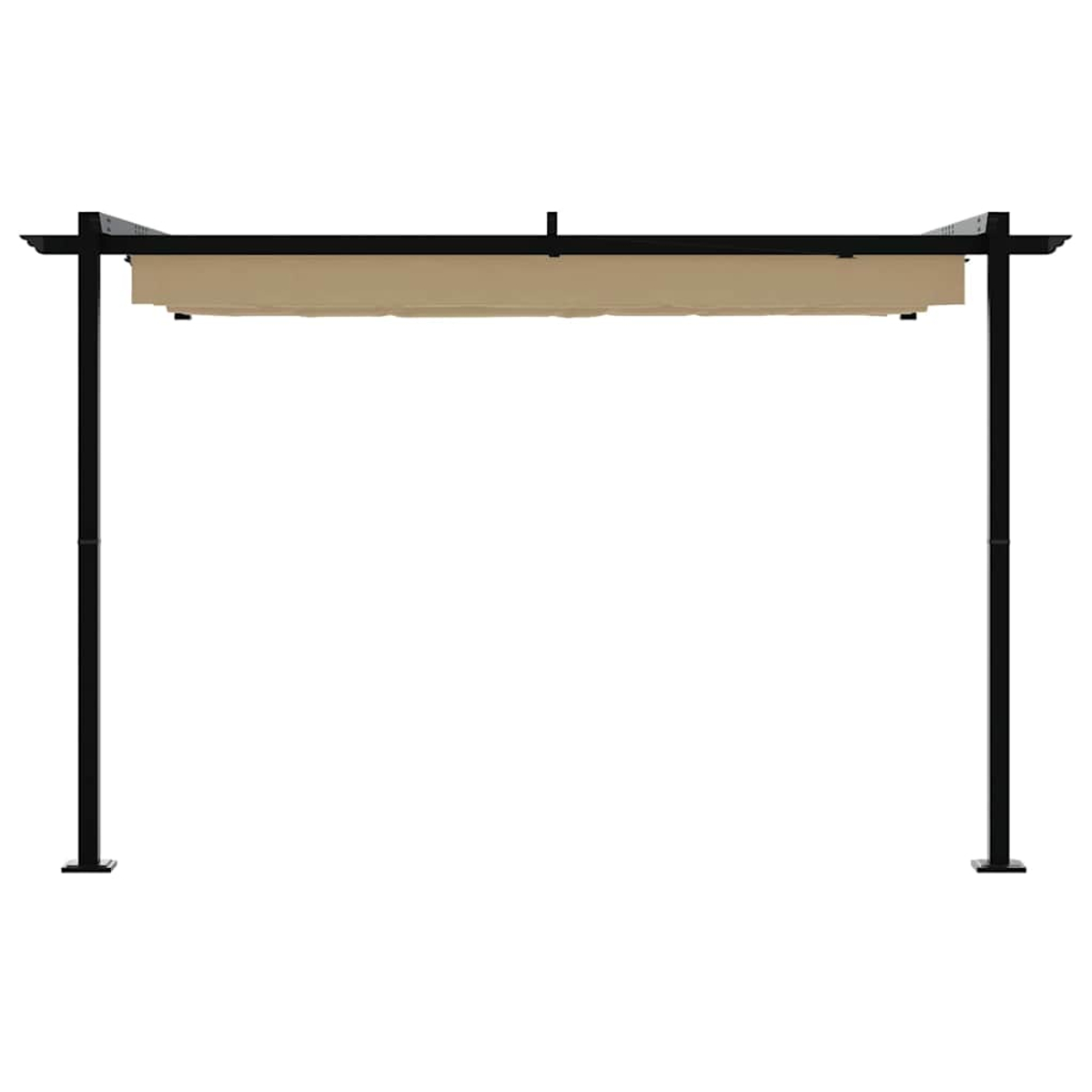 Eine schwarze Pergola mit beigem Vordach. Sie steht auf weißem Hintergrund. Vier schwarze Säulen tragen die Konstruktion.