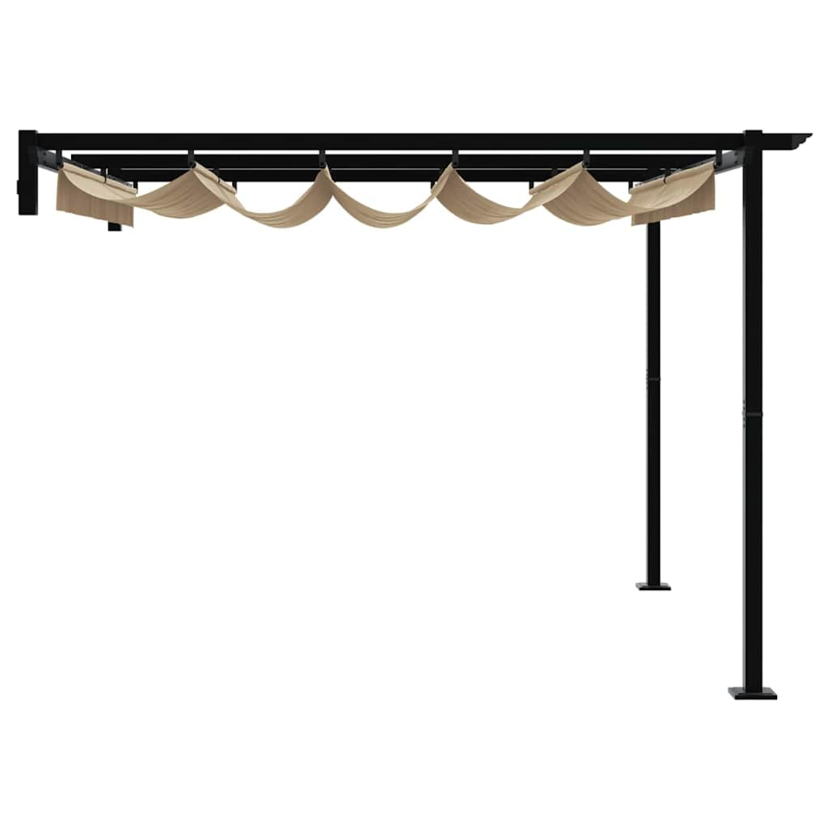 Ein schwarzes Metallpergola-Gestell mit einem beigen Baldachin. Die Struktur hat vier vertikale Stützen und ein horizontales Dach.