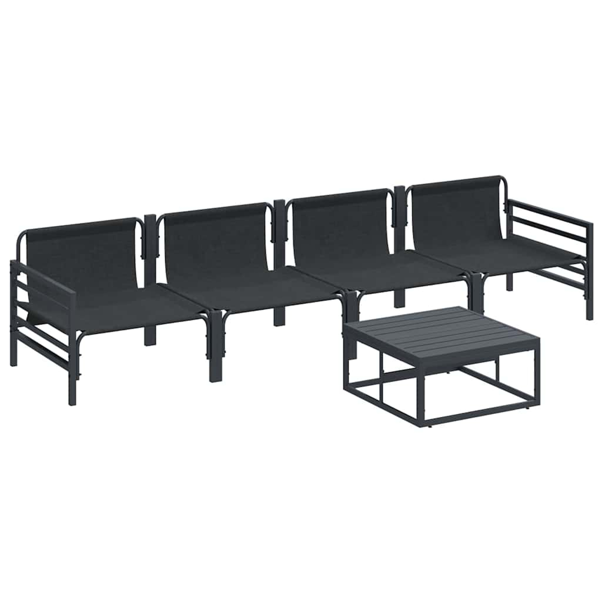 Ein Set dunkelgrauer Gartenmöbel. Enthält vier verbundene Sitze und einen kleinen quadratischen Tisch, alles auf weißem Hintergrund.