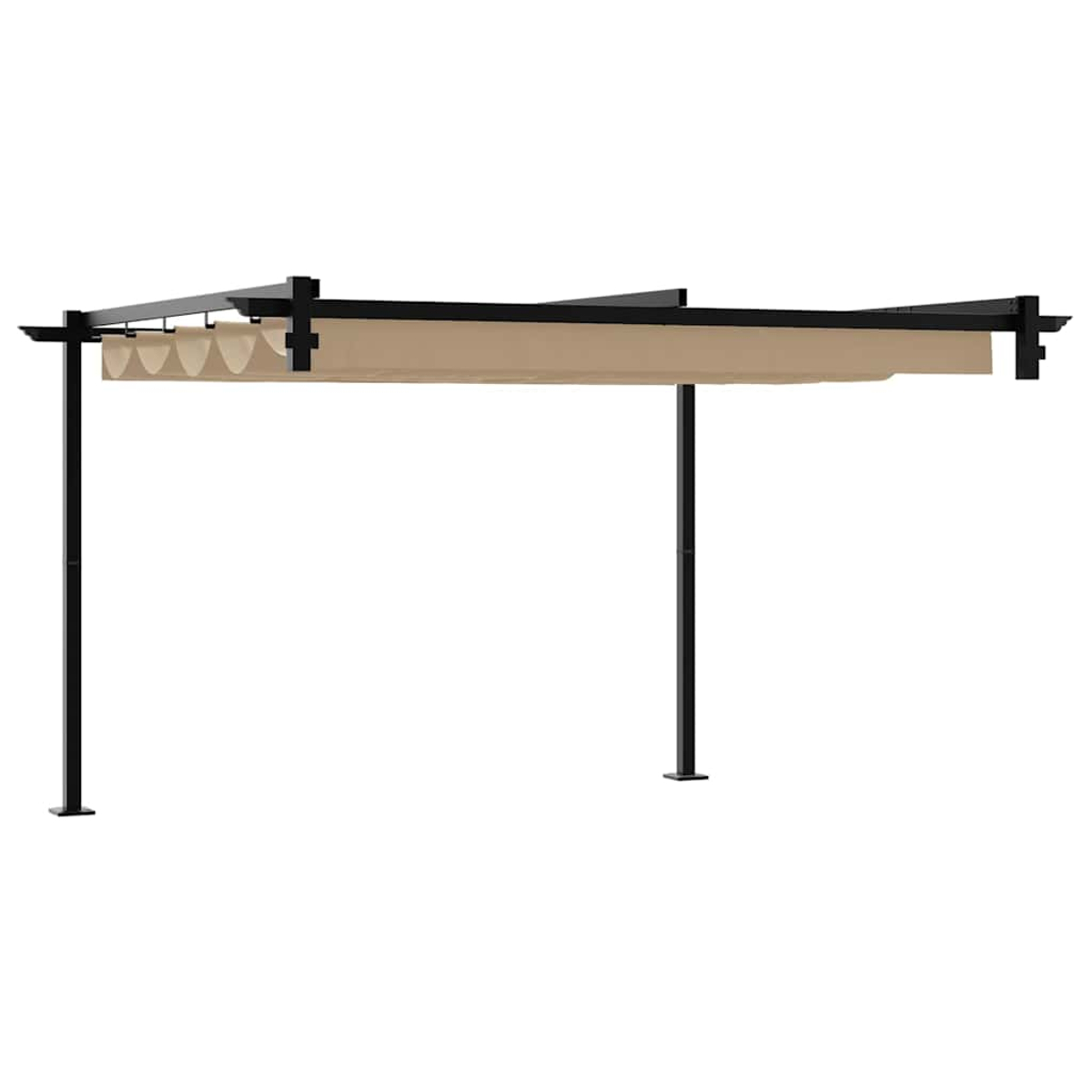 Eine schwarze Pergola mit beigem Baldachin. Die Pergola hat einen rechteckigen Rahmen, der von vier schwarzen Pfosten getragen wird.