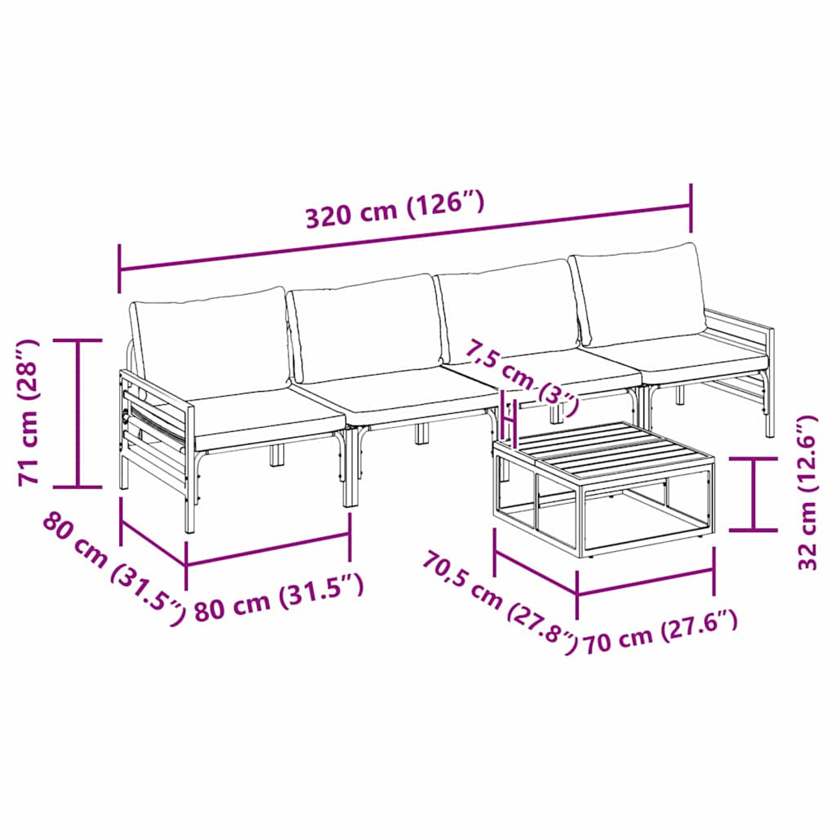 Diagramm eines Vier-Sitzer-Sofas und eines kleinen quadratischen Tisches mit Maßangaben in cm und Zoll.