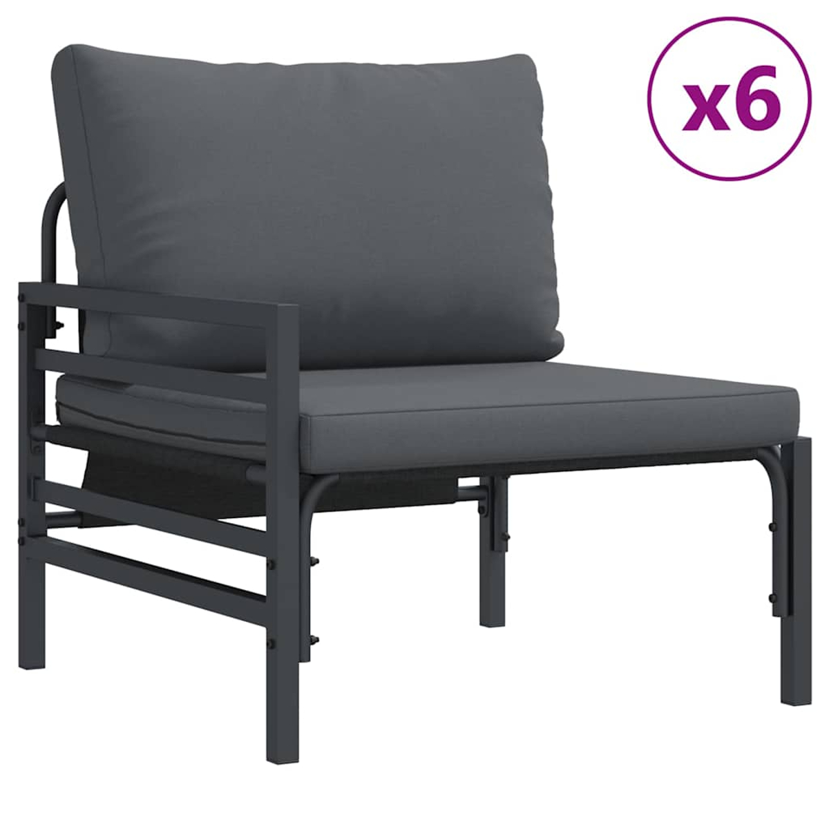 Ein grauer Outdoor-Sessel mit Kissen und Metallrahmen. Das Bild zeigt sechs dieser Stühle.