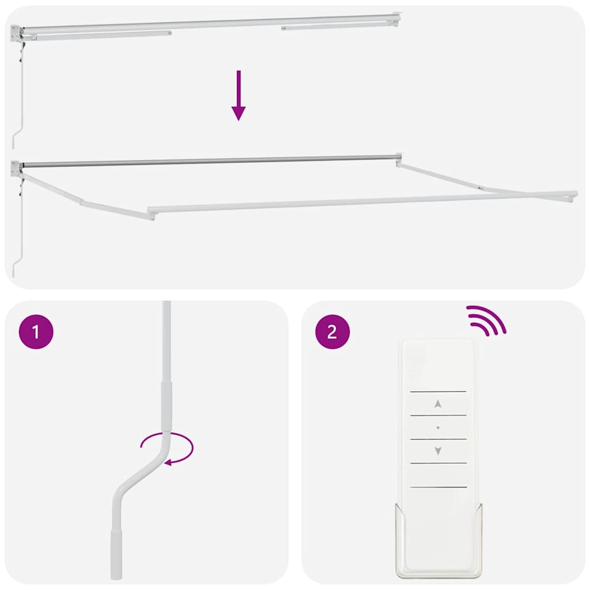 Diagramm zeigt Markiseninstallationsschritte: Markisenteile, eine Kurbel und eine Fernbedienung mit Signalsymbol.