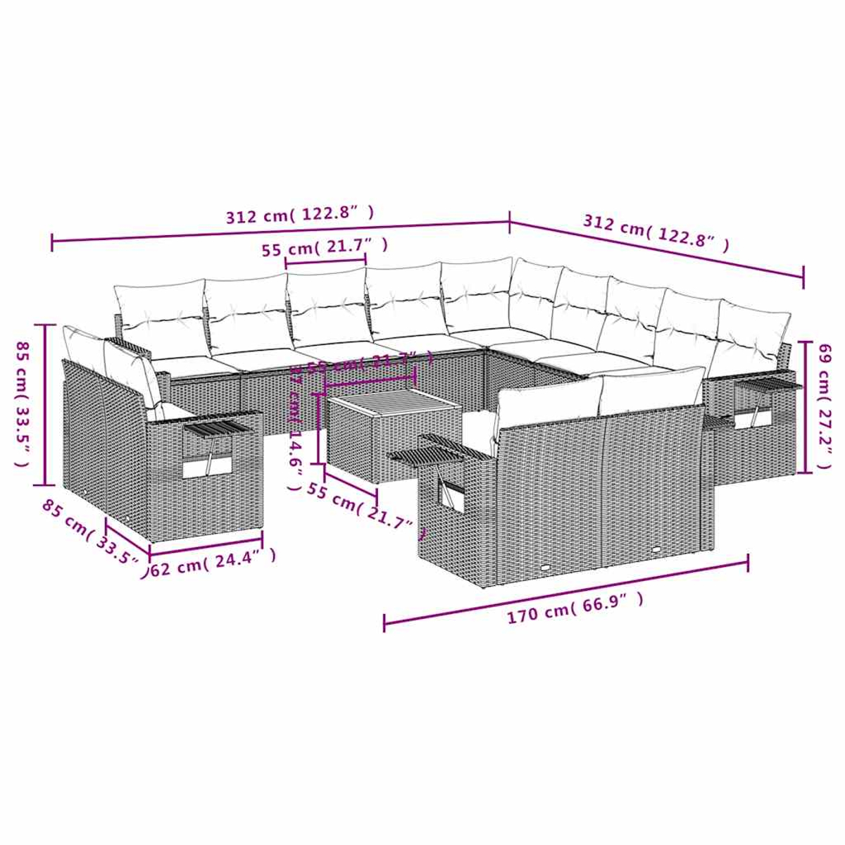 Ein großes, L-förmiges Outdoor-Sofaset aus Korbgeflecht. Es umfasst Kissen, einen Couchtisch und die Maße sind in cm und Zoll angegeben.
