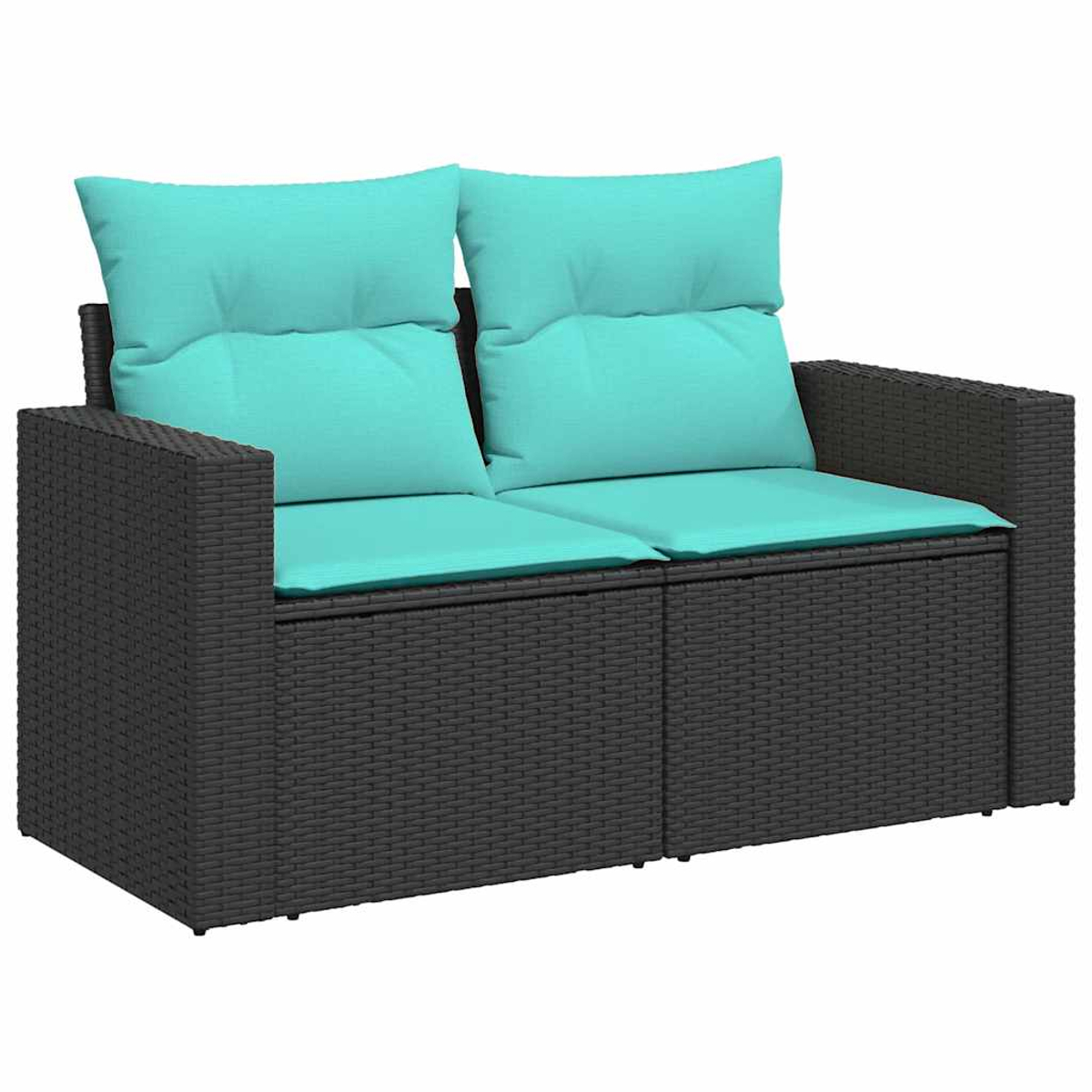 Ein Zweisitzer-Outdoor-Sofa mit schwarzem Korbflechtrahmen und türkisfarbenen Kissen. Die Kissen sind für Komfort auf Sitz und Rücken.