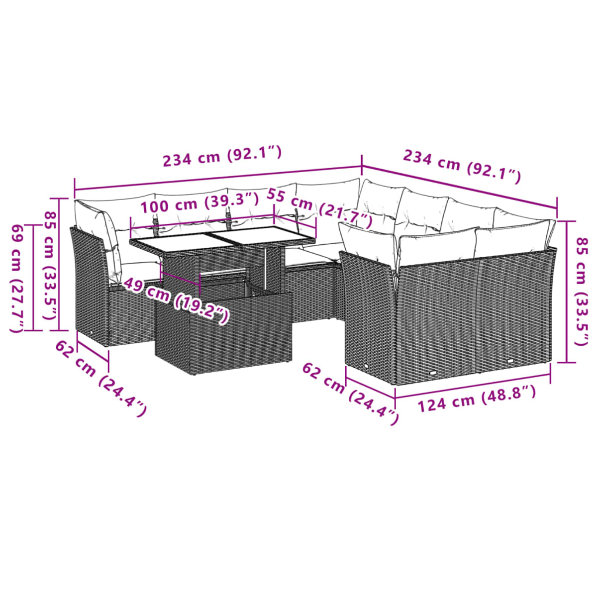 Outdoor-Ecksofa mit Tisch. Die Abmessungen sind in cm und Zoll angegeben. Die Möbel stehen im Garten.
