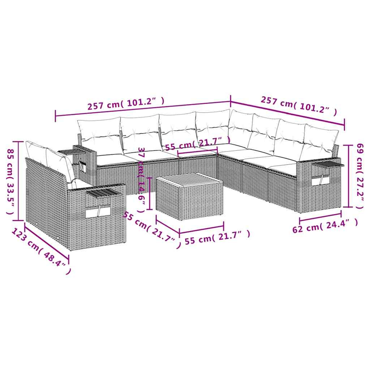 Ein Ecksofa aus Rattan mit Maßangaben. Es umfasst zwei Sofas, einen Couchtisch und Abmessungen in cm und Zoll.