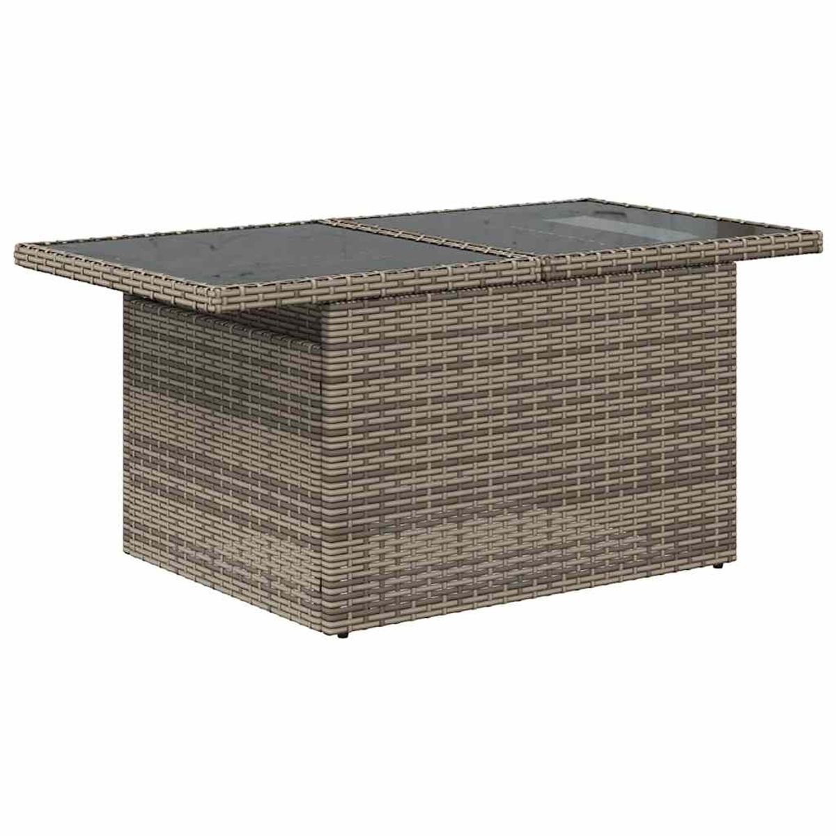 Rechteckiger Couchtisch mit gewebter Basis in Beige- und Brauntönen und dunkler Glasplatte.