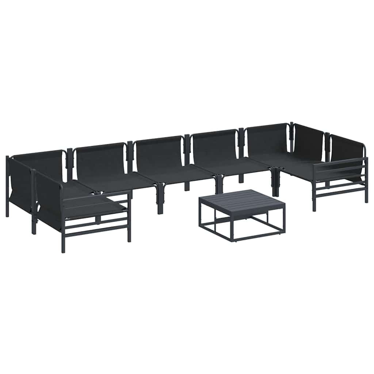 Ein modernes Ecksofa-Set für den Außenbereich in Dunkelgrau. Enthält mehrere Sitzmodule und einen kleinen quadratischen Couchtisch. Weißer Hintergrund.