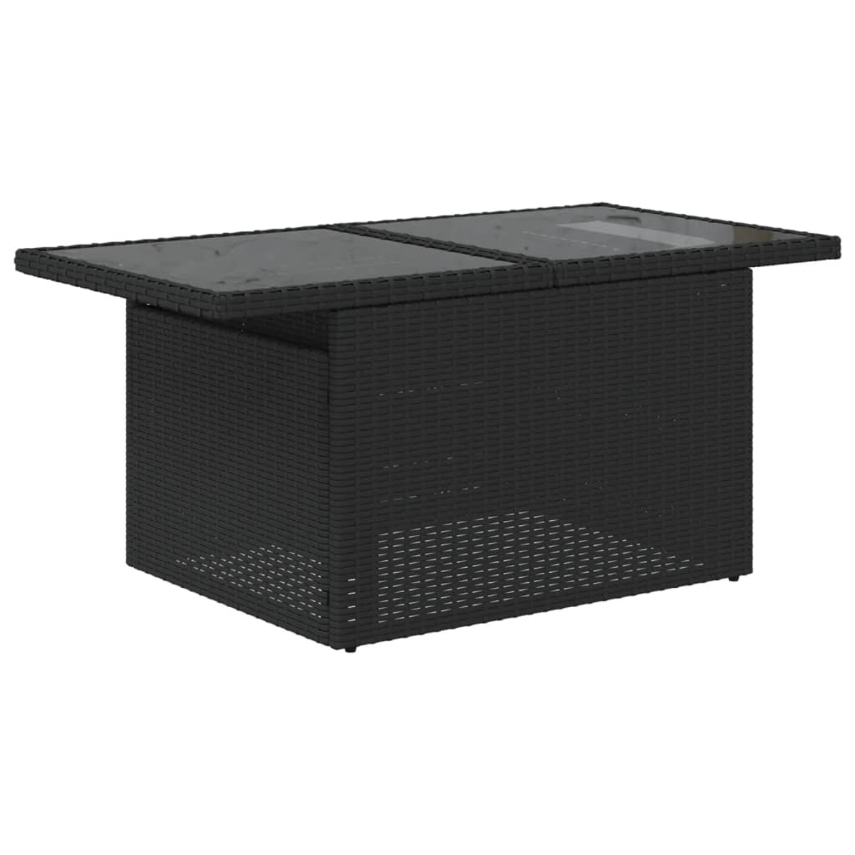 Ein schwarzer rechteckiger Gartentisch. Er hat eine Glasplatte und ein gewebtes Design an den Seiten. Der Tisch steht auf weißem Hintergrund.