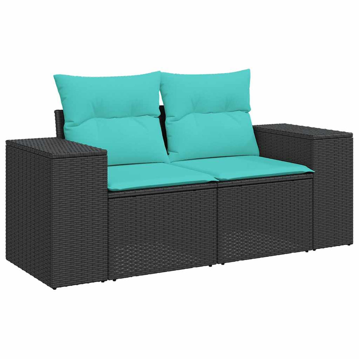 Dunkelgraues Korbmöbelsofa mit zwei Sitzen und türkisfarbenen Kissen. Es hat Armlehnen auf beiden Seiten und türkisfarbene Kissen.