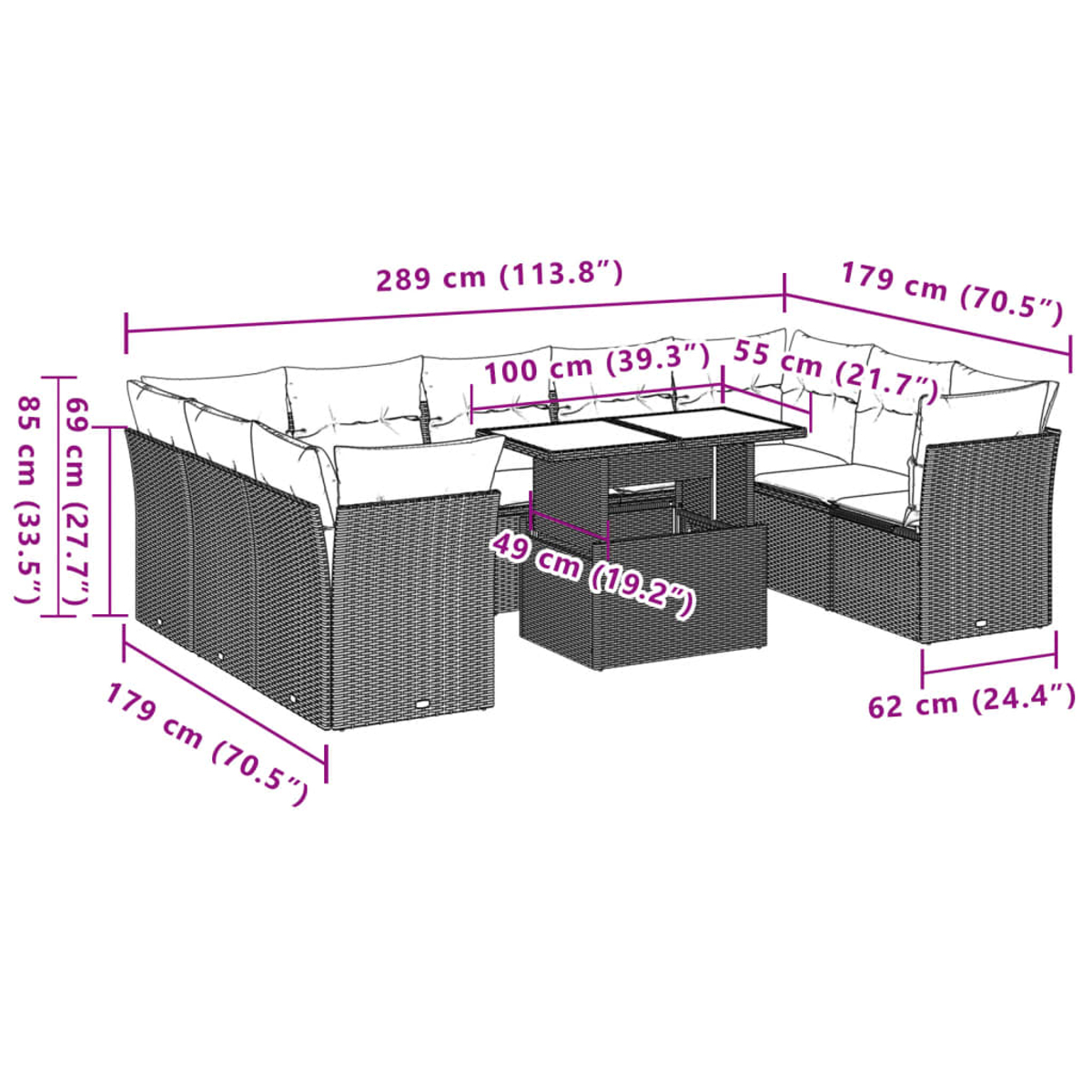 Outdoor-Rattansofa-Set mit Tisch, Abmessungen in cm und Zoll angegeben.