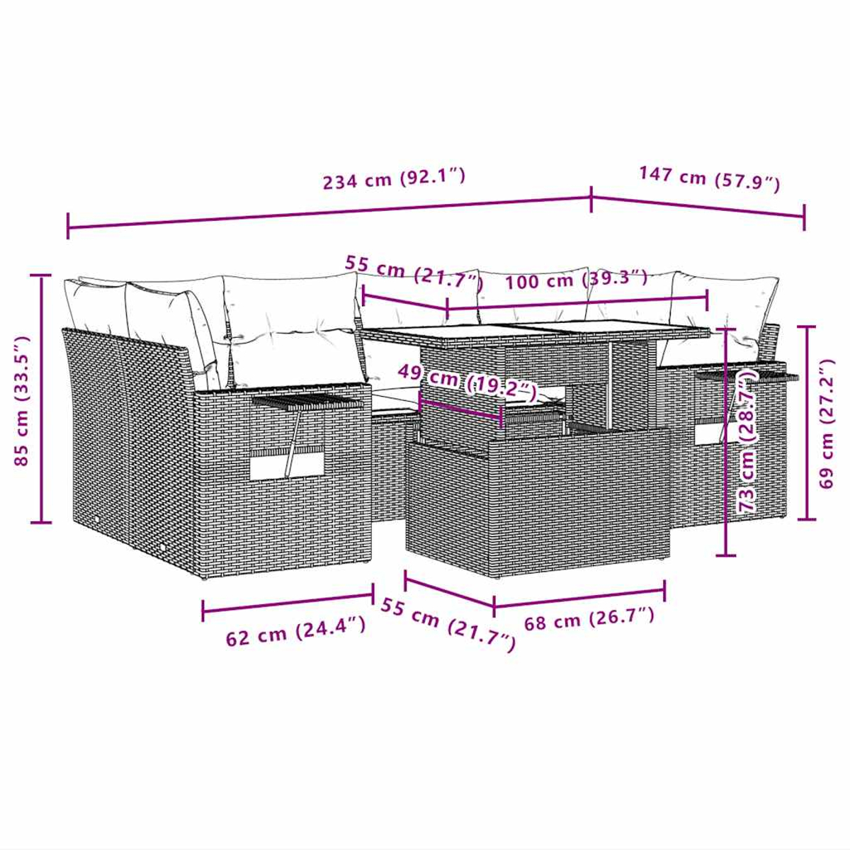 Diagramm eines Outdoor-Möbelsets aus Korbgeflecht mit Maßangaben in cm und Zoll. Enthält Sofa, Tisch und Stühle.