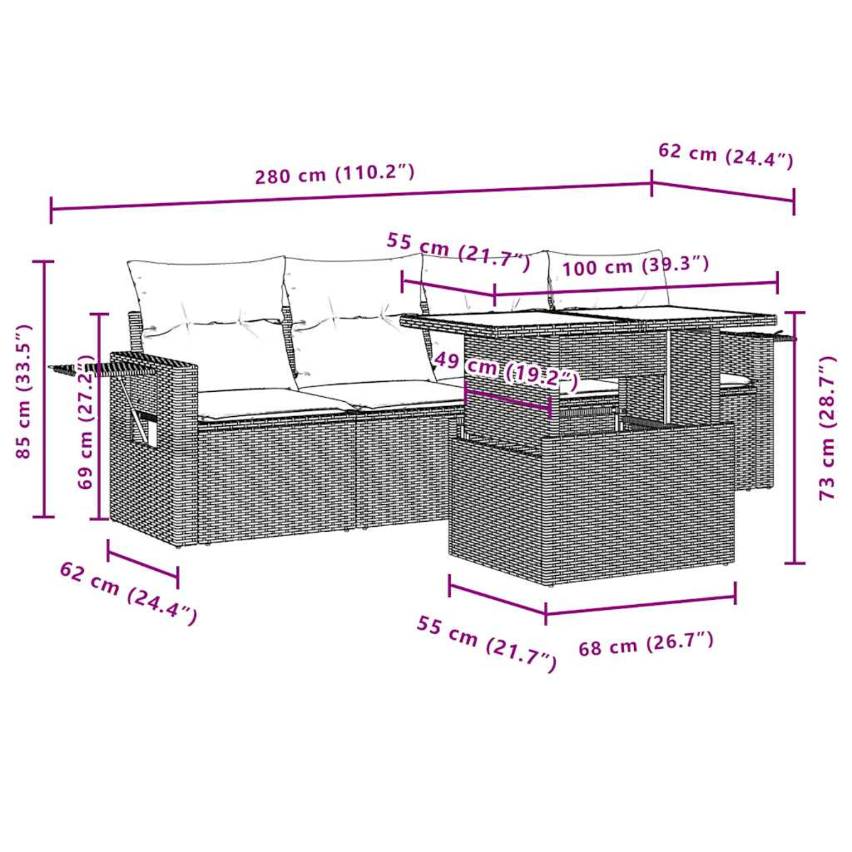 Ein Diagramm zeigt die Abmessungen von Gartenmöbeln: ein Sofa und ein Tisch, mit Maßen in cm und Zoll.