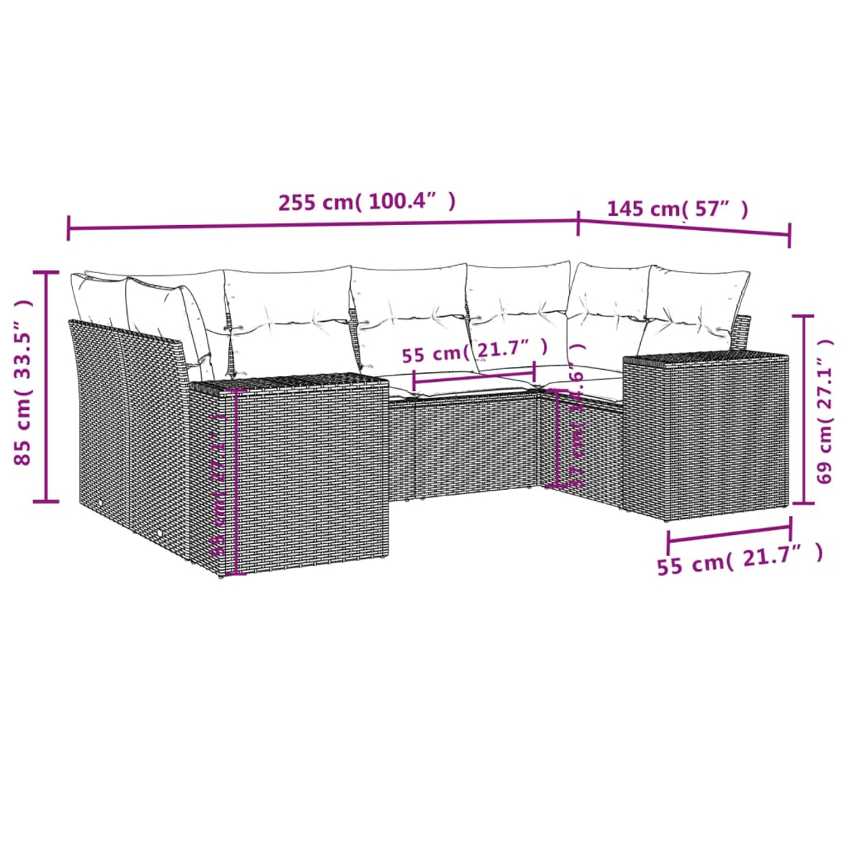 Ein U-förmiges Outdoor-Sofa mit Maßangaben. Es hat Kissen und eine gewebte Basis. Maße in cm und Zoll sind angegeben.