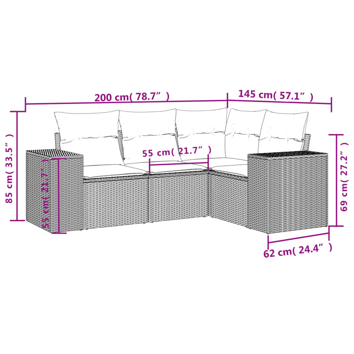 Ein Ecksofa mit beschrifteten Maßen. Es hat Kissen und eine gewebte Textur. Maße: 200cm, 145cm, 85cm, 69cm, 62cm, 55cm.