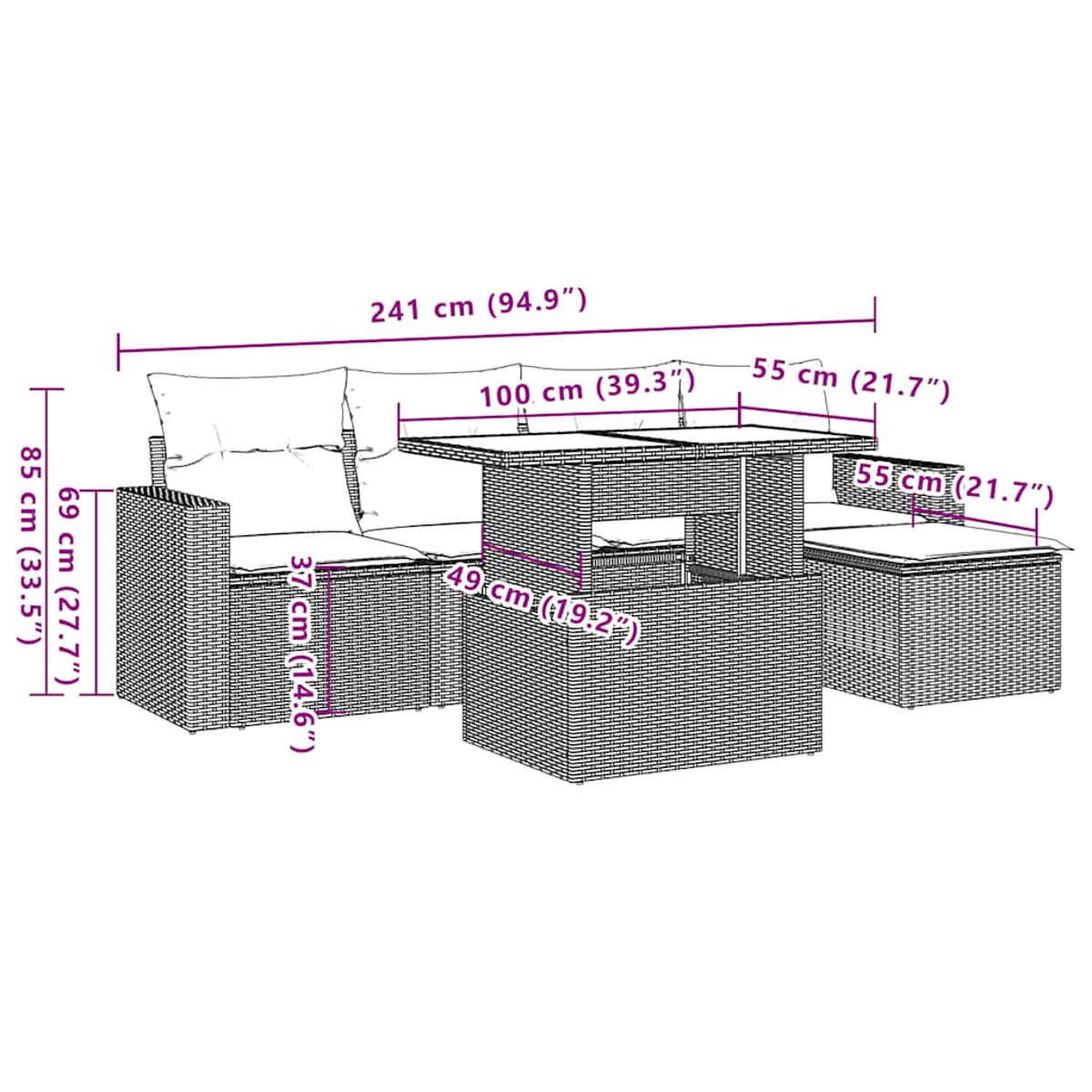 Ein Rattan-Gartenmöbelset mit Sofa, Tisch und Stuhl. Die Abmessungen sind in cm und Zoll angegeben.