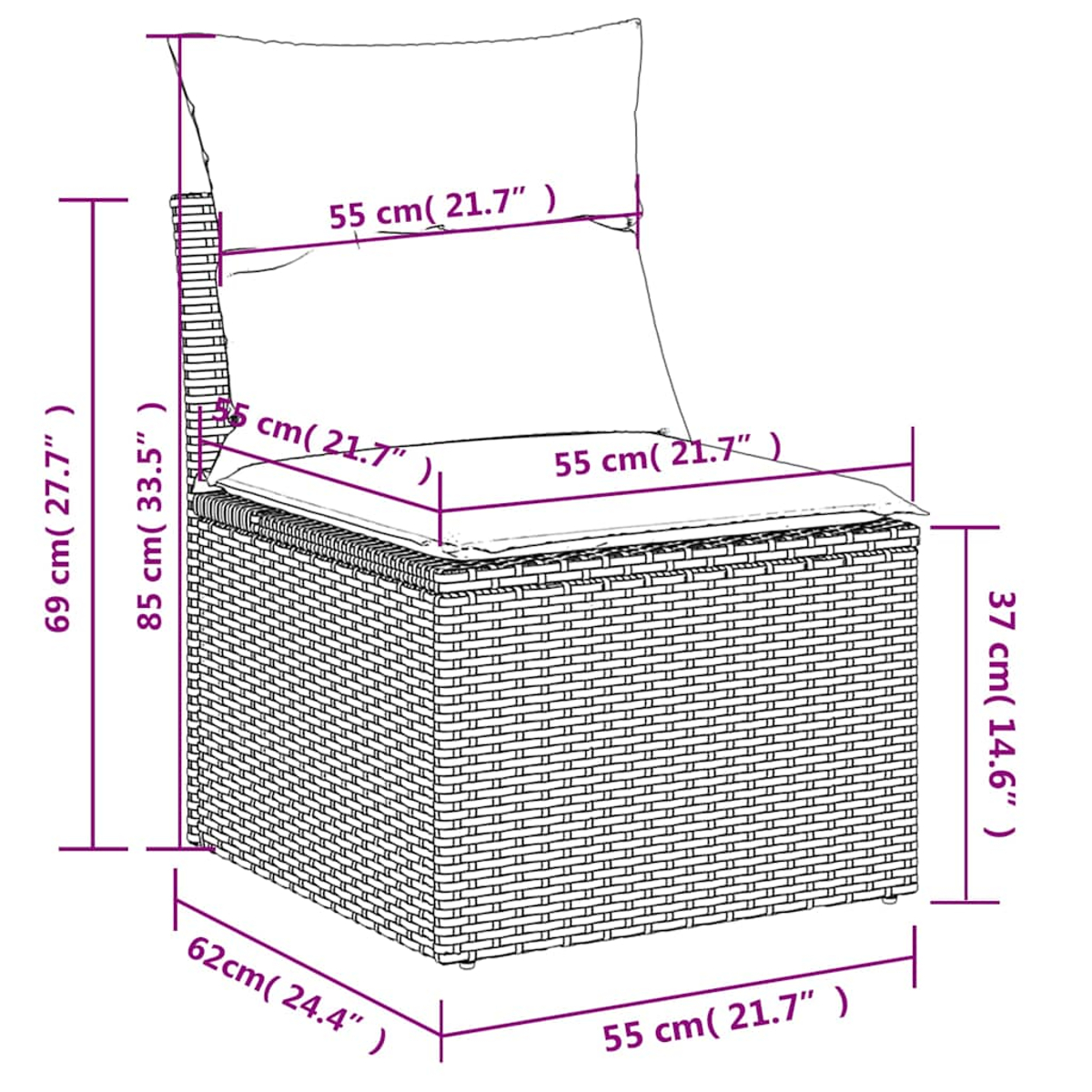 Ein Korbstuhl mit Kissen und Rückenlehne, Abmessungen in lila Linien: 69 cm, 85 cm, 55 cm, 62 cm, 37 cm.