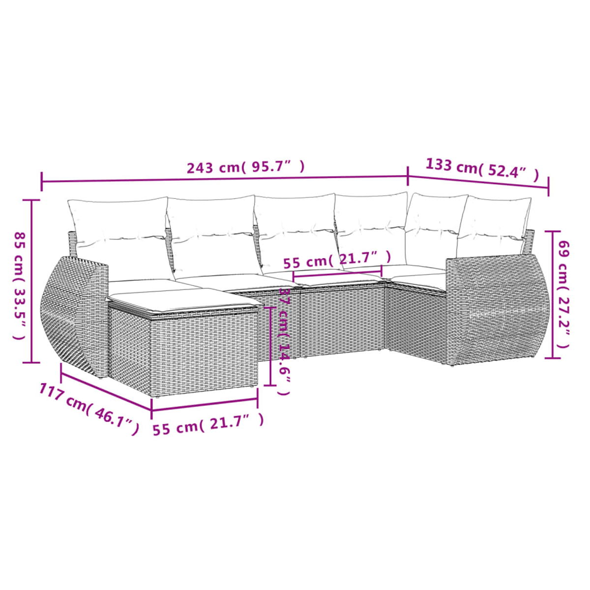 Ein Ecksofa im Rattan-Stil mit cremefarbenen Kissen. Abmessungen werden angezeigt, einschließlich Länge, Breite und Höhe. Das Sofa steht vor weißem Hintergrund.