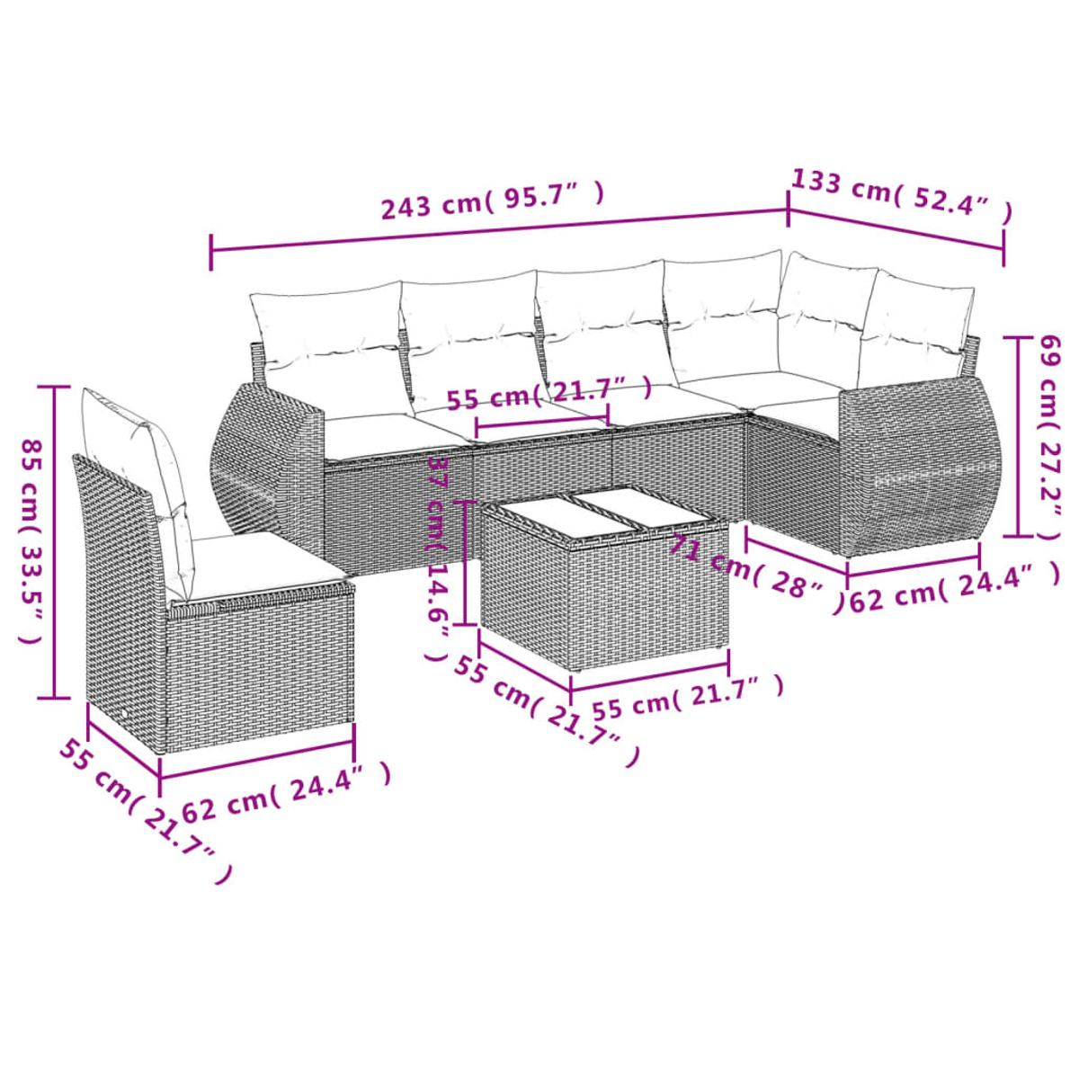Geflochtenes Gartenmöbel-Set mit Größenangaben. Enthält ein Sofa, einen Stuhl und einen Couchtisch mit weißen Kissen.