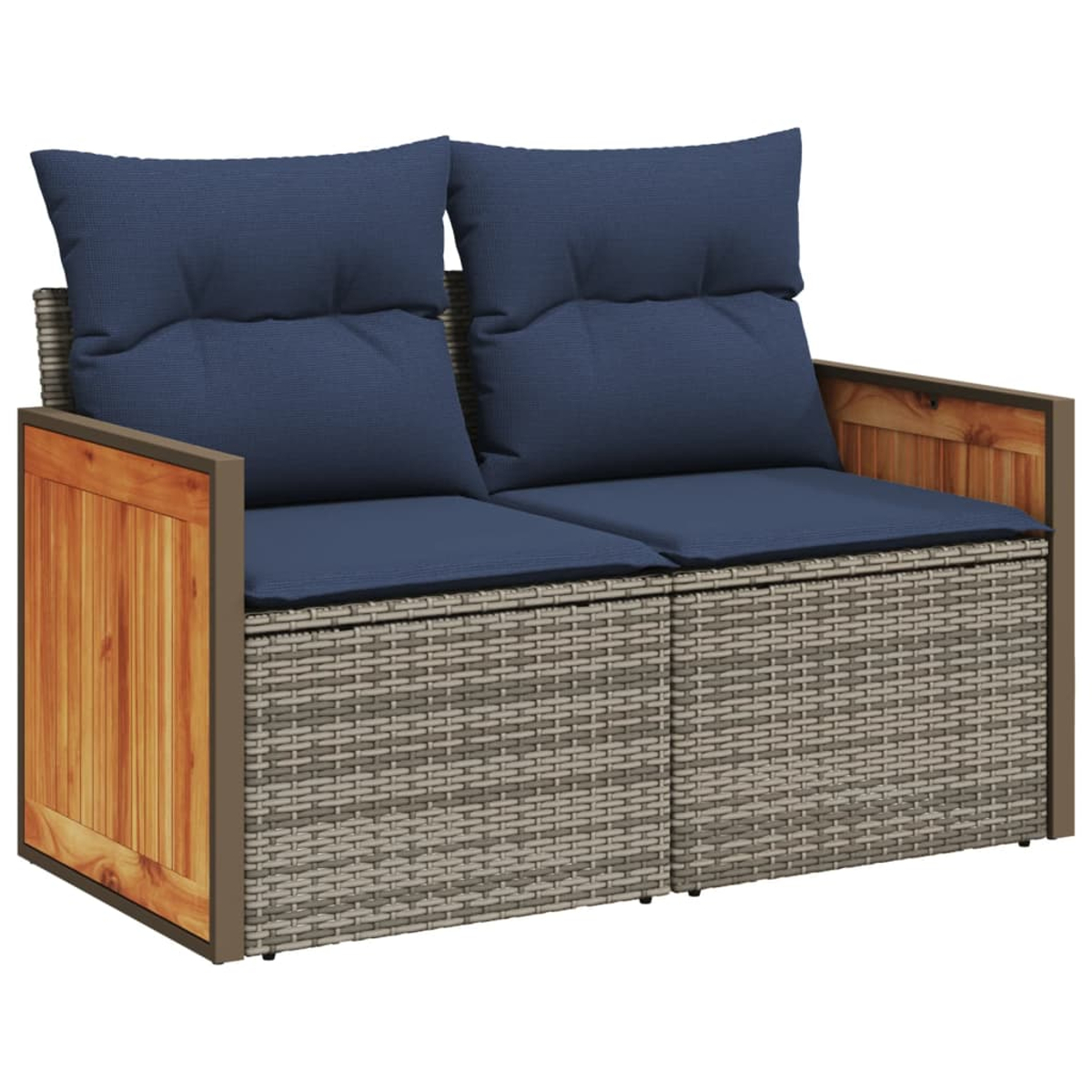 Ein Zwei-Sitzer-Outdoor-Sofa mit blauen Kissen und Kissen. Der Rahmen besteht aus einer Mischung aus Holz und gewebtem Material.