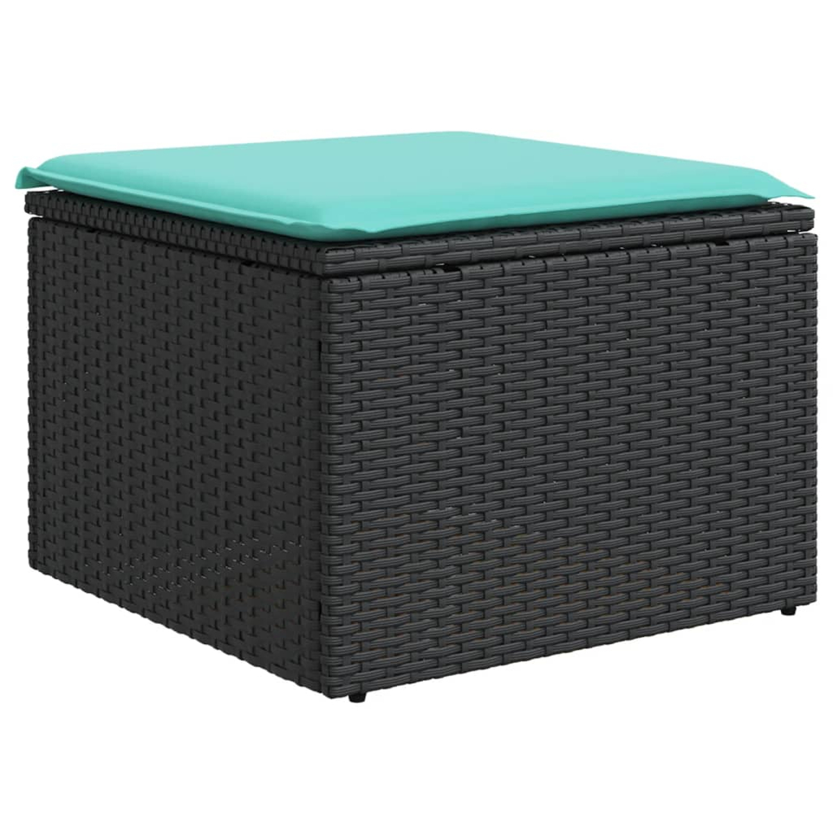 Eine dunkelgraue, gewebte Aufbewahrungsbox mit einem hellblauen Kissen darauf. Die Box ist quadratisch und hat einen Deckel.