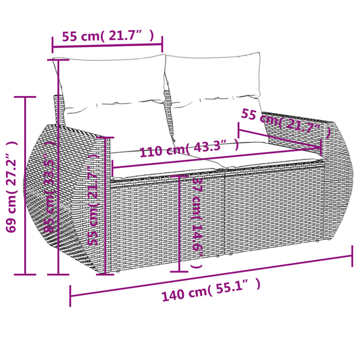 Ein zweisitziges Rattan-Sofa mit Kissen und Abmessungen in Zentimetern und Zoll.