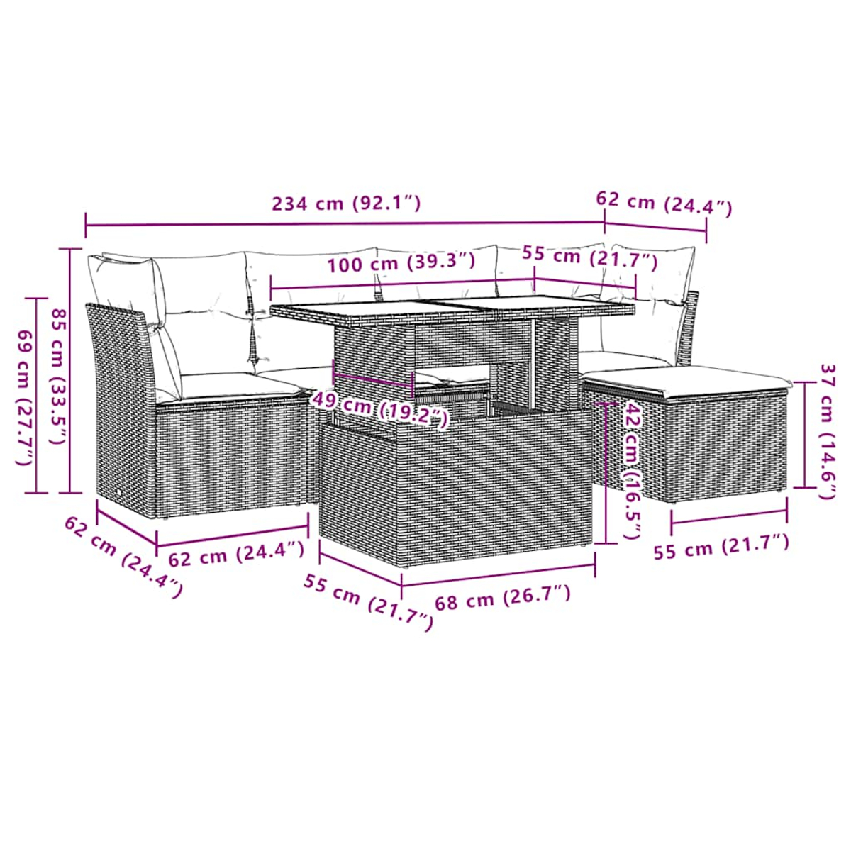 Geflochtenes Gartenmöbel-Set mit Maßangaben. Enthält Sofa, Tisch und Hocker. Beige Kissen.