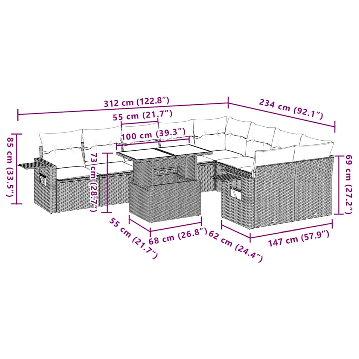 Ein Outdoor-Ecksofa mit Maßen, einschließlich eines Tisches. Das Sofa ist aus Korbgeflecht mit Kissen. Es ist für eine Terrasse konzipiert.