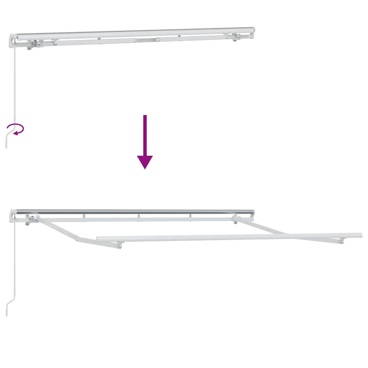 Diagrama de un toldo retráctil blanco. Una flecha morada indica el movimiento de cerrado a abierto, con detalle de manivela.