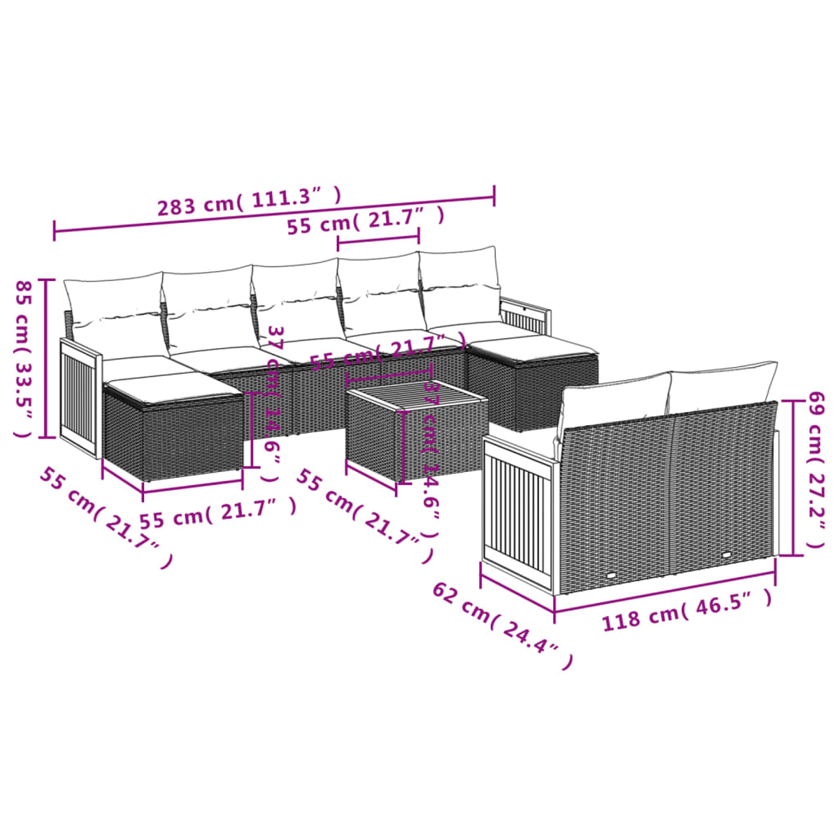 Ein Outdoor-Möbelset aus Korbgeflecht mit Maßangaben in cm und Zoll. Es umfasst ein Sofa, einen kleinen Tisch und eine Liebesbank.